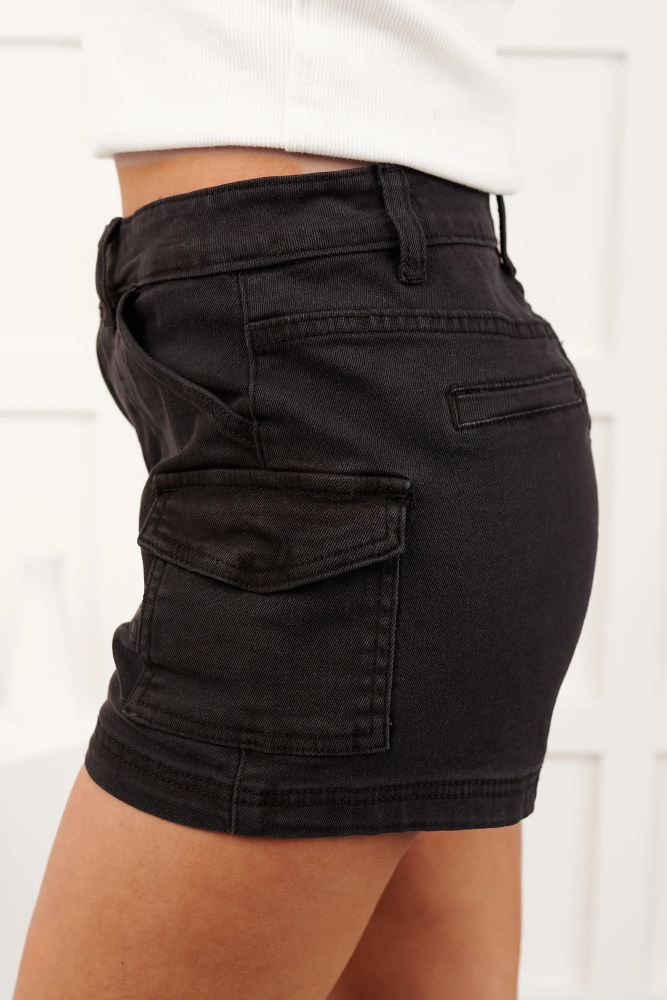 Karly Utility Pocket Denim Shorts (Black) - Image 5