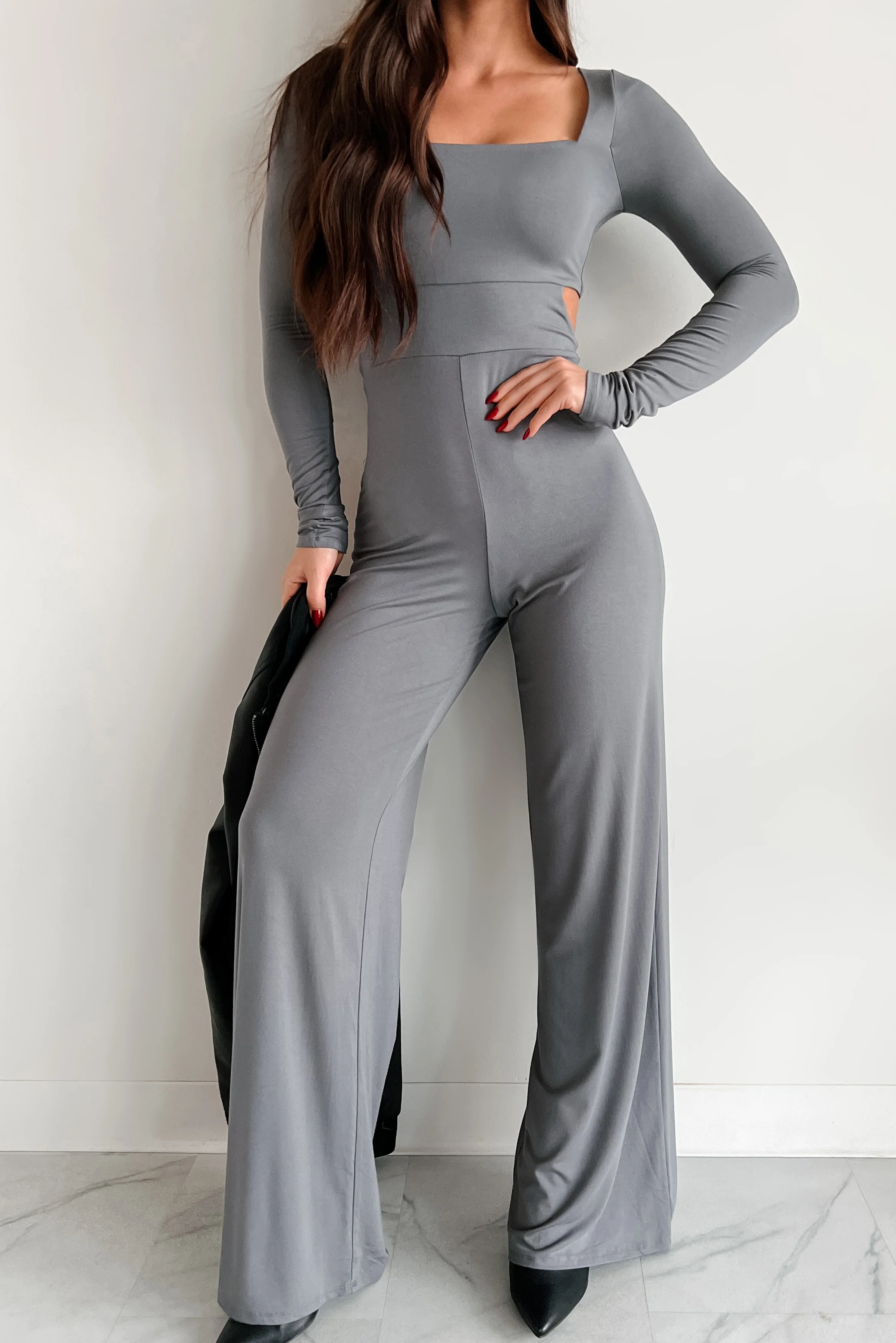 Kaylen Long Sleeve Square Neck Jumpsuit (Grey) - Image 4