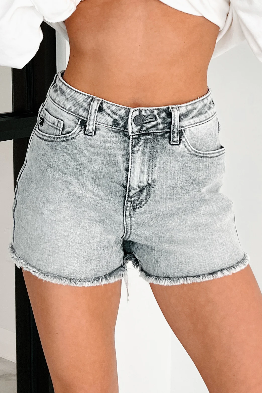 Starting Something High Rise Kancan Denim Shorts (Light Gray) - Image 4