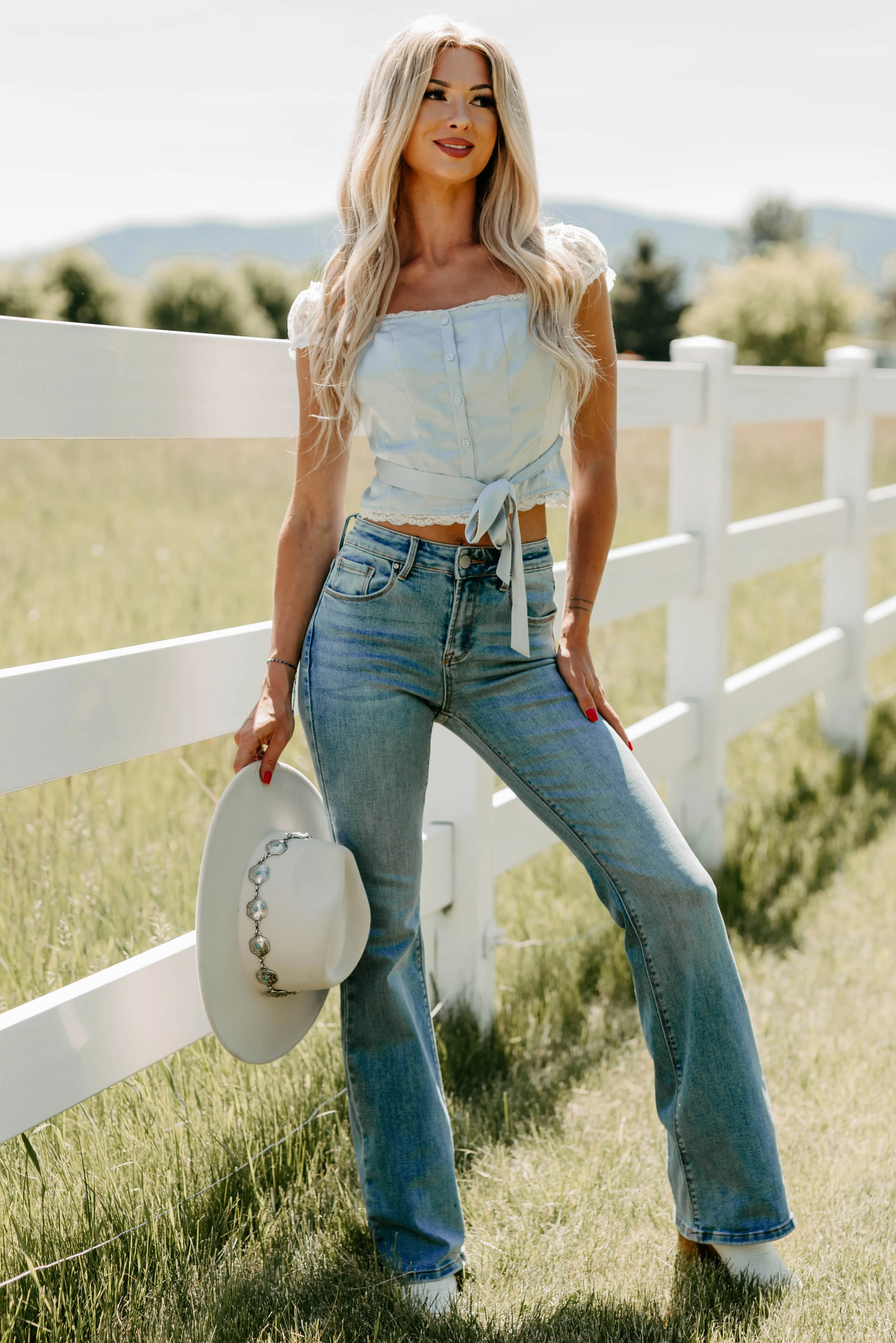 Keep It Cute Satin Lace Crop Top (Dusty Blue) - Image 3