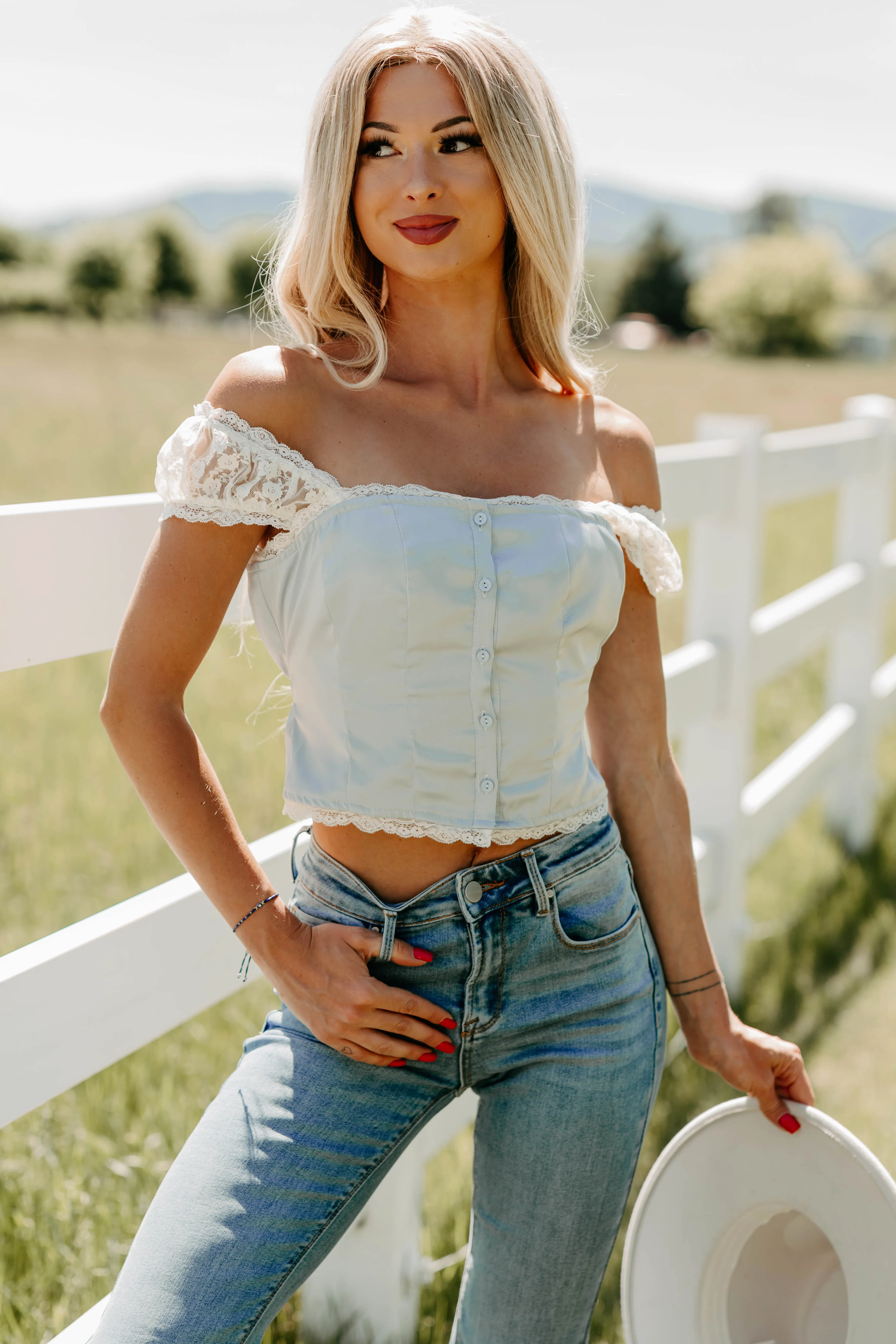 Keep It Cute Satin Lace Crop Top (Dusty Blue) - Image 4
