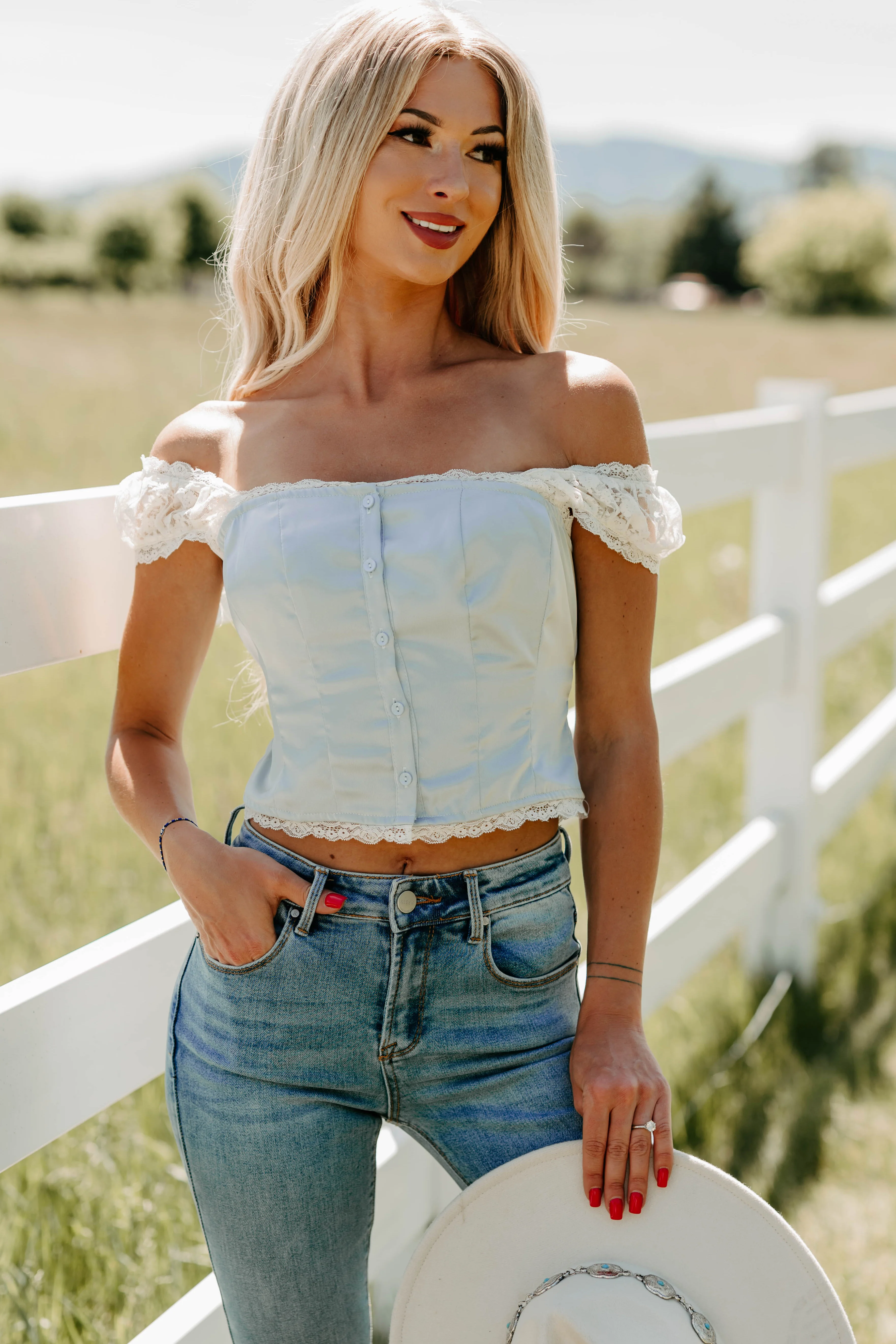 Keep It Cute Satin Lace Crop Top (Dusty Blue) - Image 6