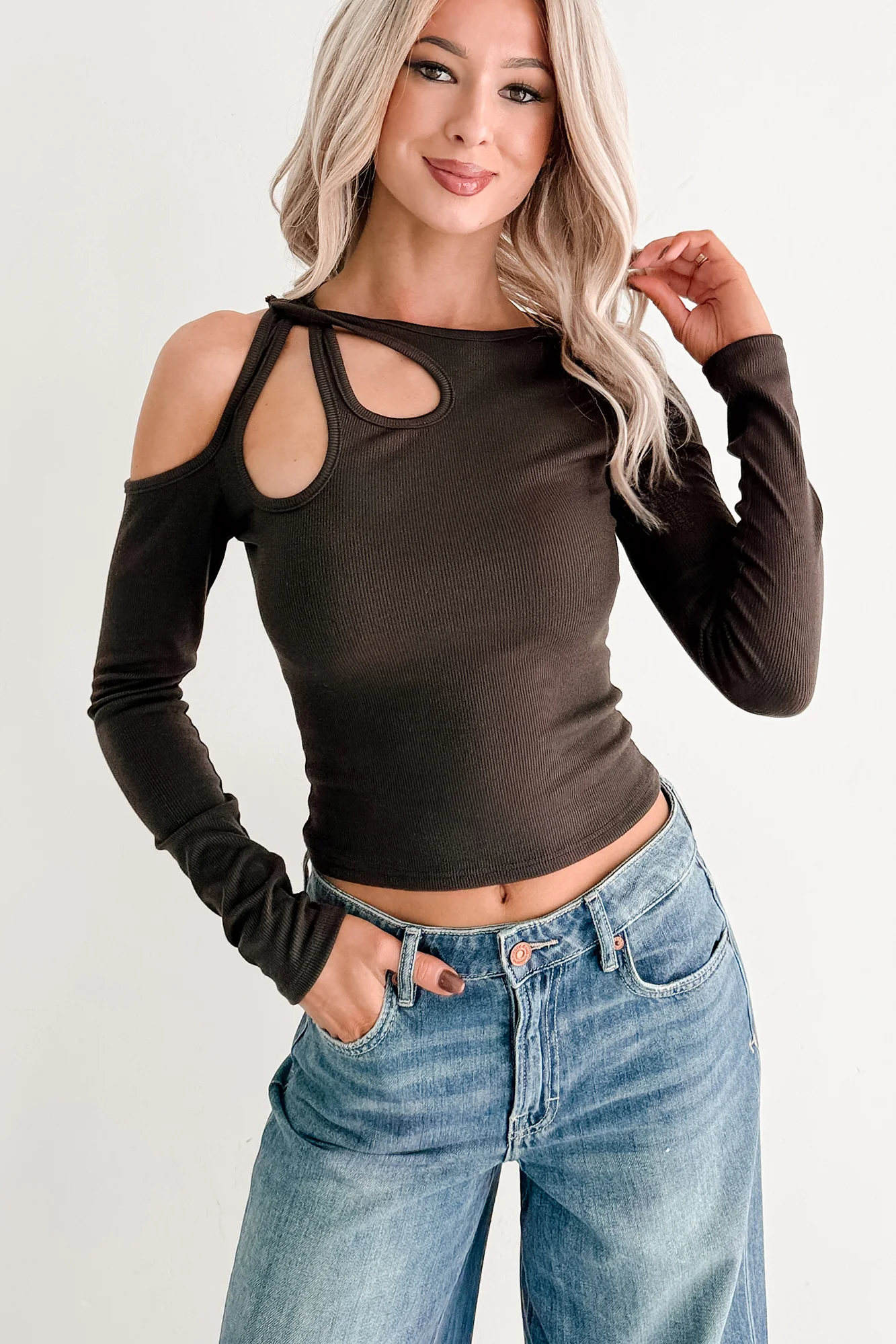 Keep It Light Cut-Out Long Sleeve Top (Chocolate) - Image 6