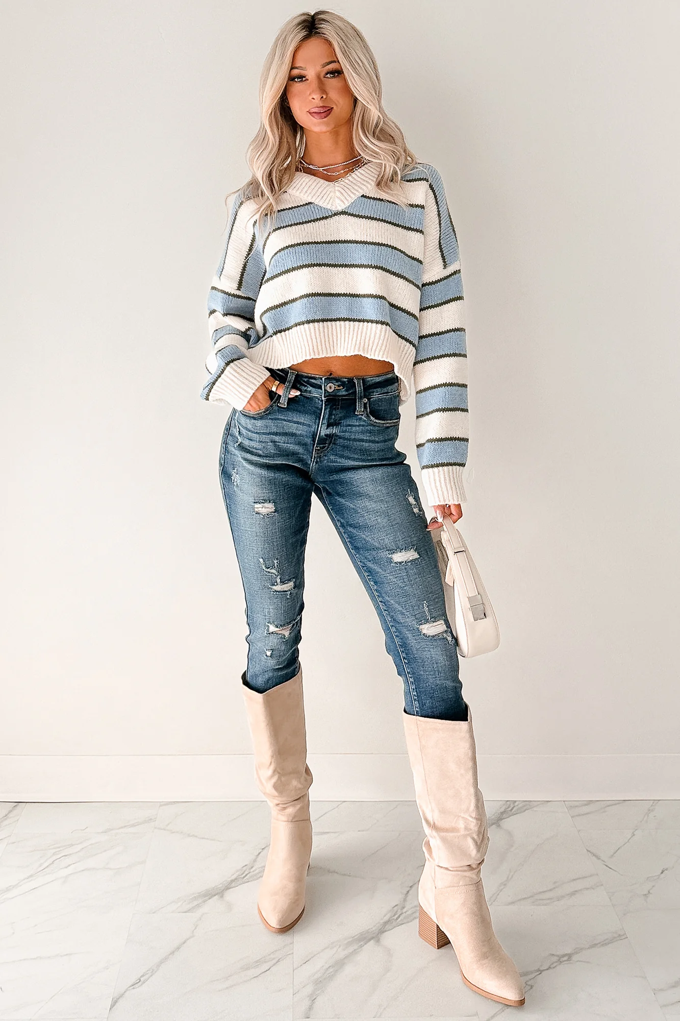 Keep It Soft Striped V Neck Sweater (White/Blue) - Image 2