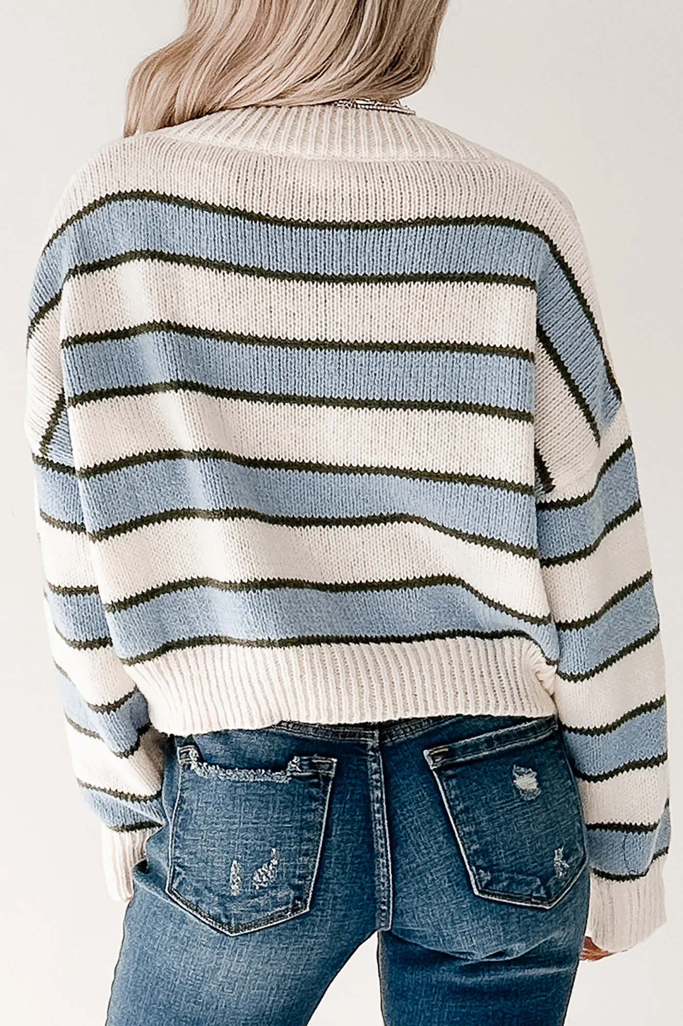 Keep It Soft Striped V Neck Sweater (White/Blue) - Image 4