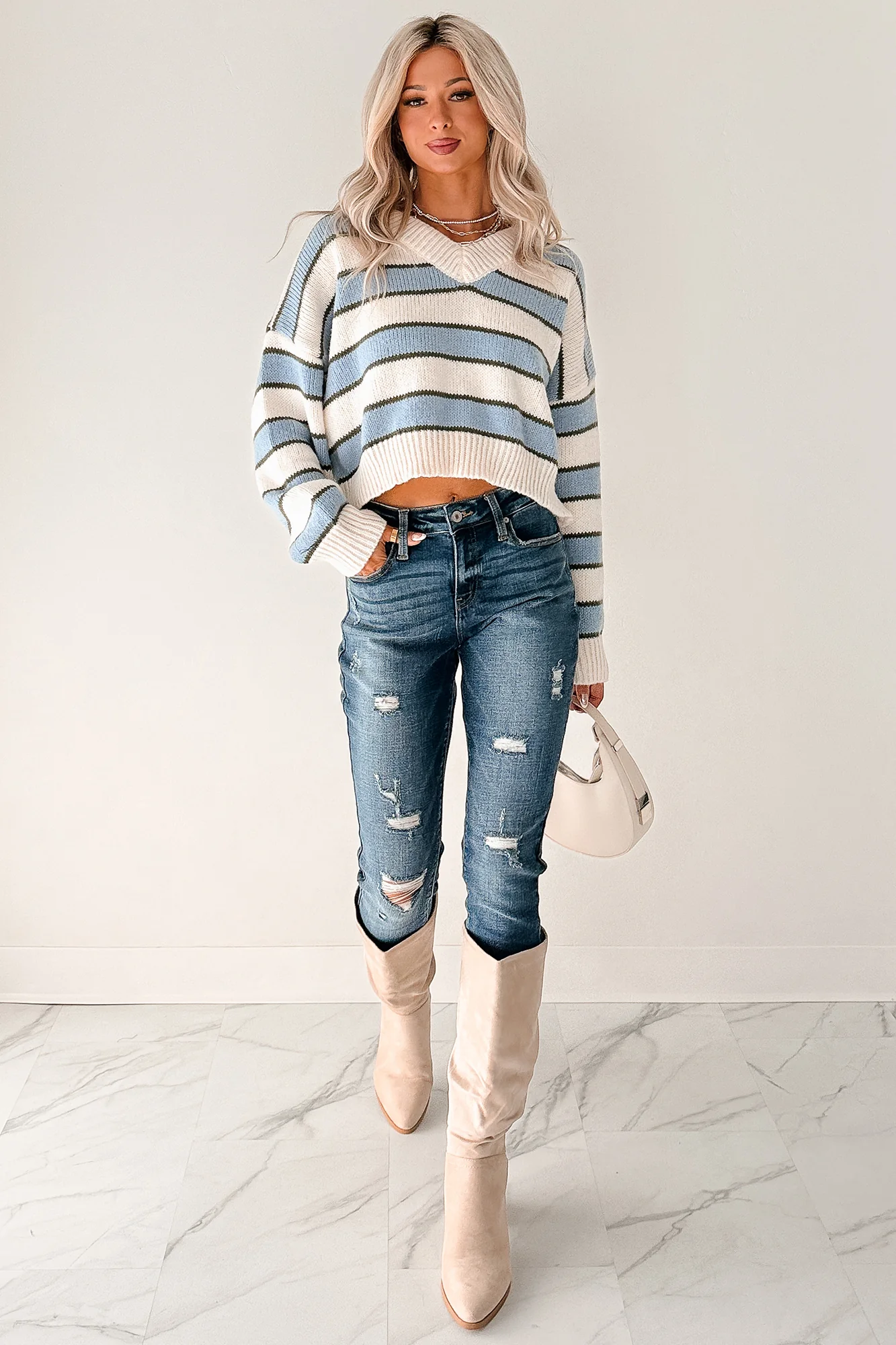 Keep It Soft Striped V Neck Sweater (White/Blue) - Image 6