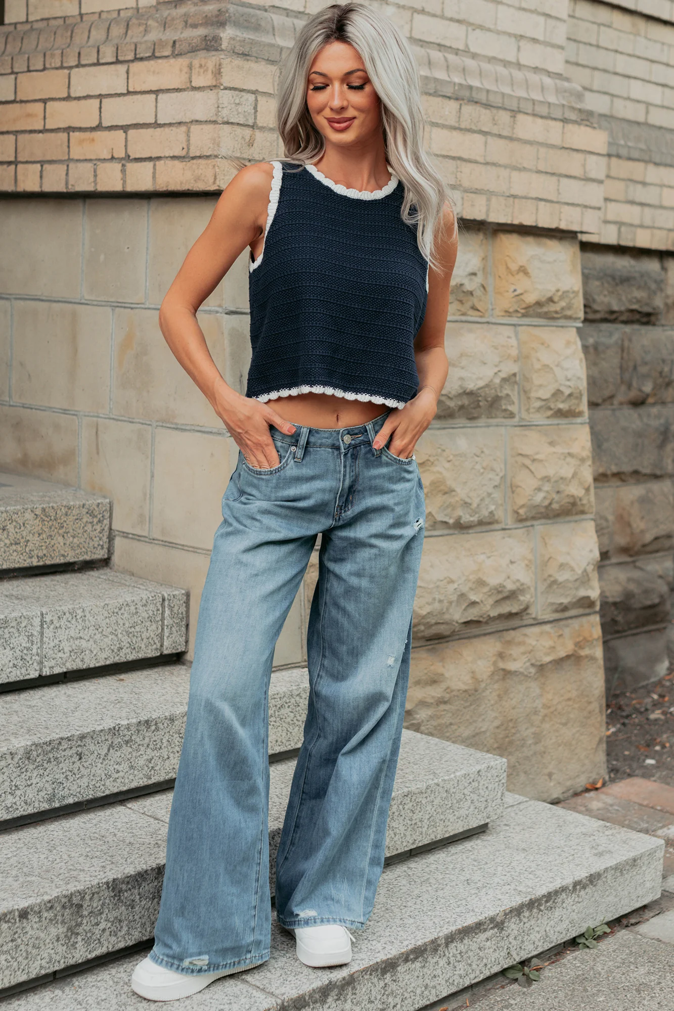 Keep It Up Scallop Trim Sleeveless Knit Top (Navy/Cream) - Image 11