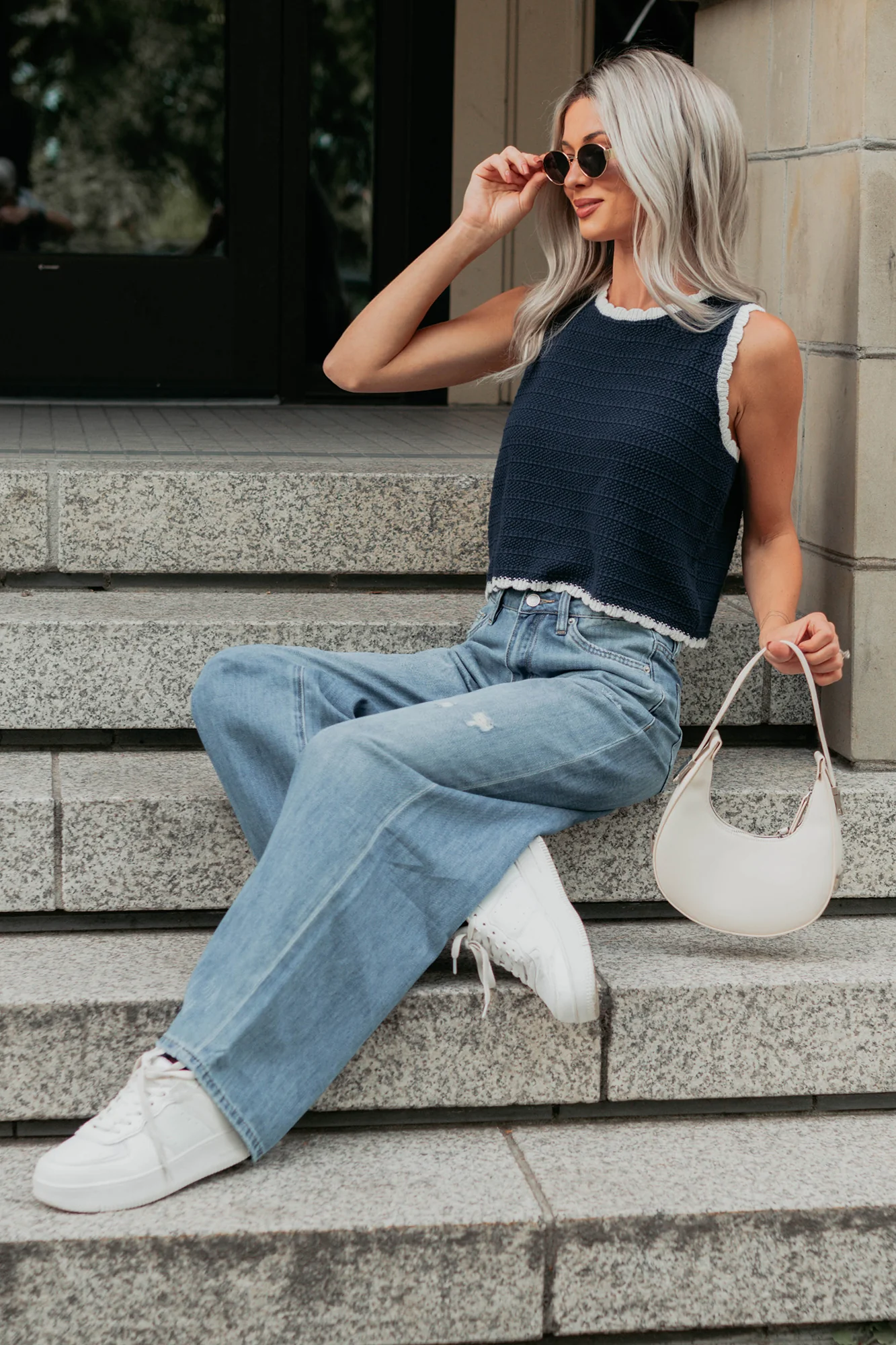 Keep It Up Scallop Trim Sleeveless Knit Top (Navy/Cream) - Image 6