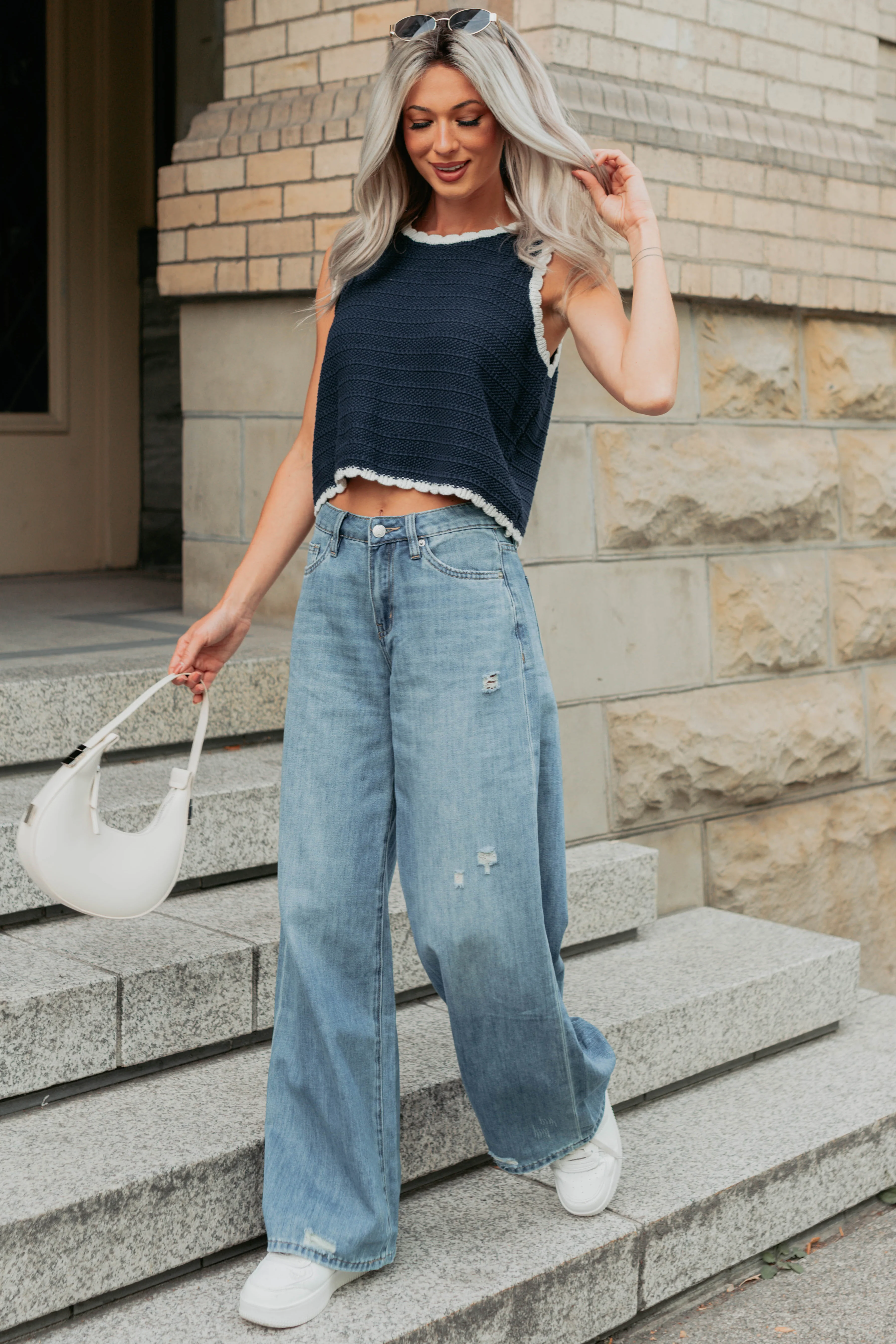 Keep It Up Scallop Trim Sleeveless Knit Top (Navy/Cream) - Image 7