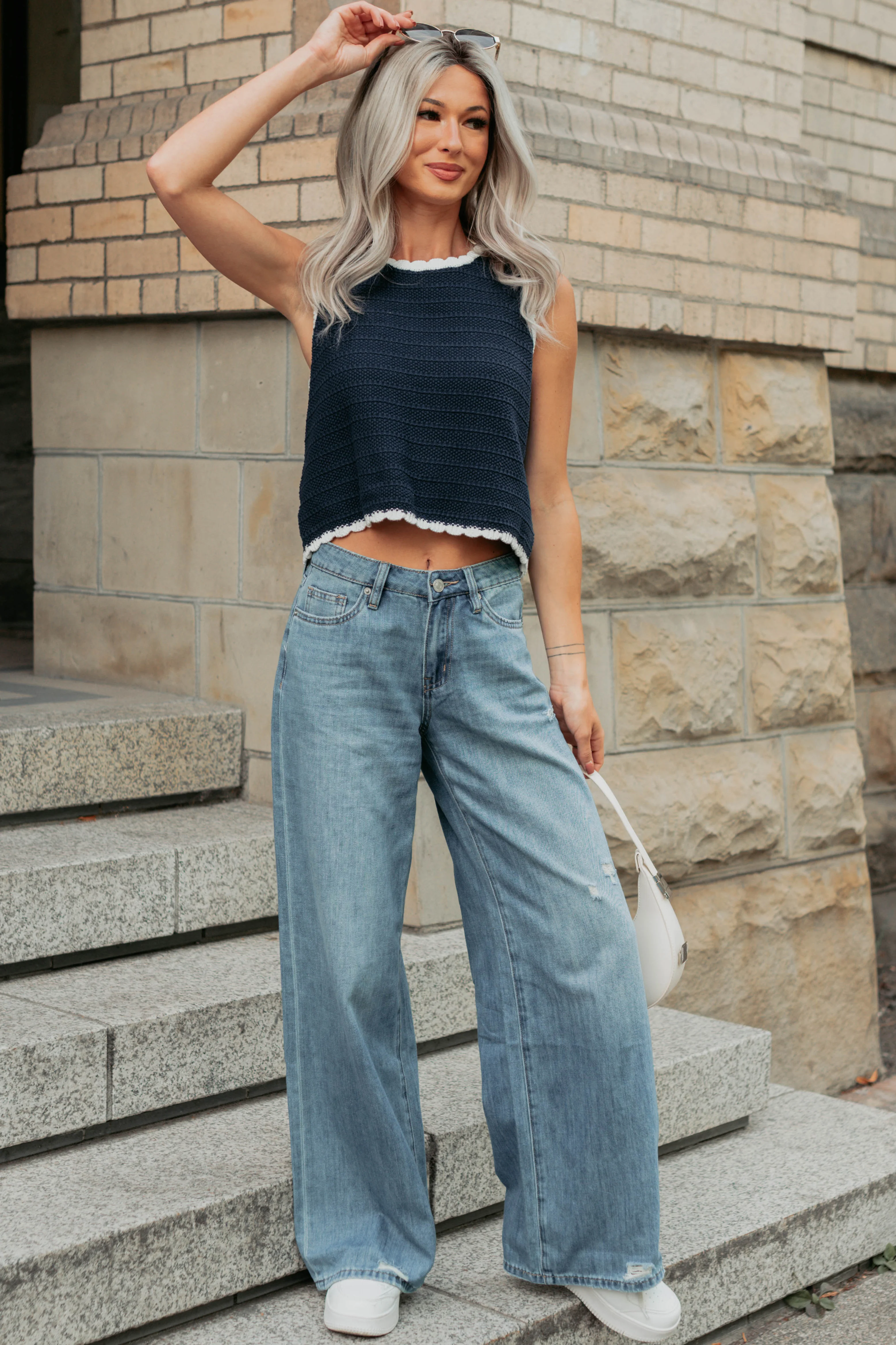 Keep It Up Scallop Trim Sleeveless Knit Top (Navy/Cream) - Image 8