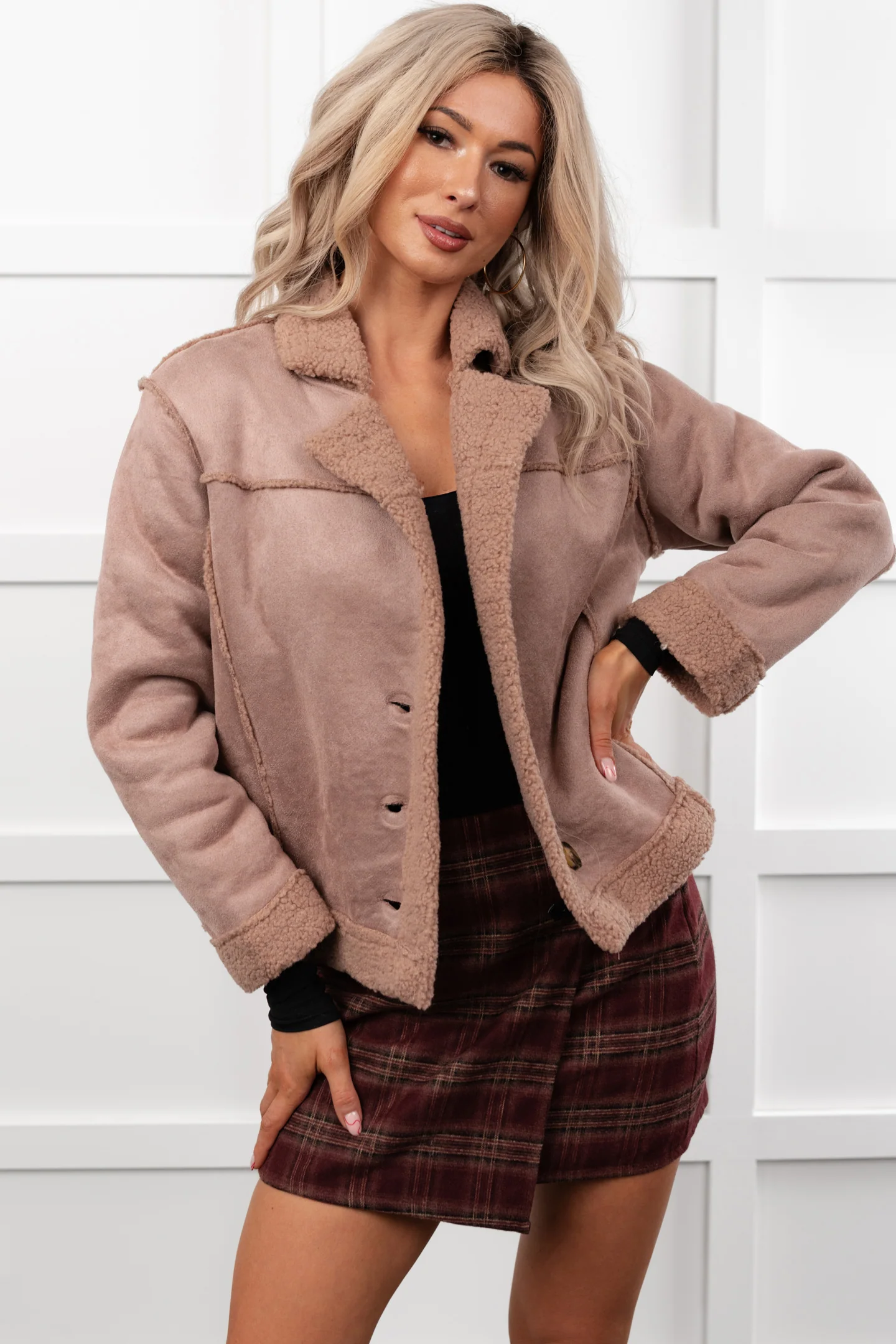 Keep Me Close Faux Suede Sherpa Lined Jacket (Dark Mauve) - Image 5