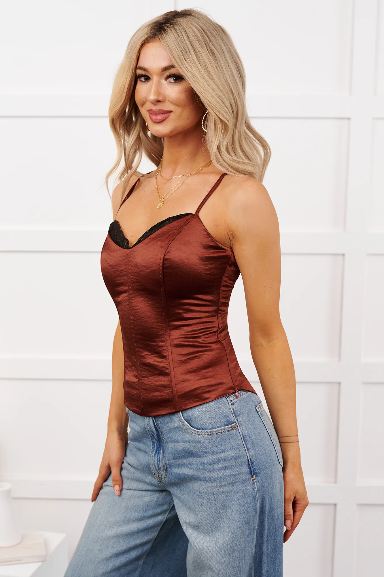 Keep Posted Sleeveless Satin Corset Top (Chocolate) - Image 6