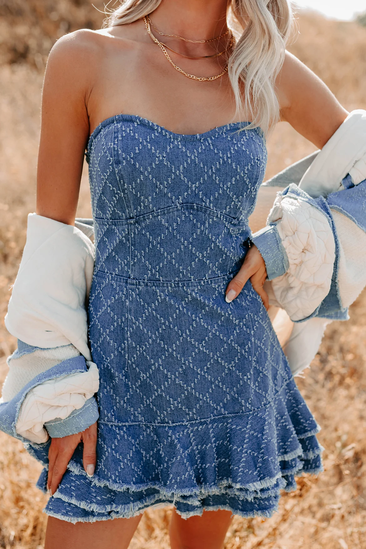 Keep Them Guessing Textured Denim Mini Dress (Washed Denim) - Image 2