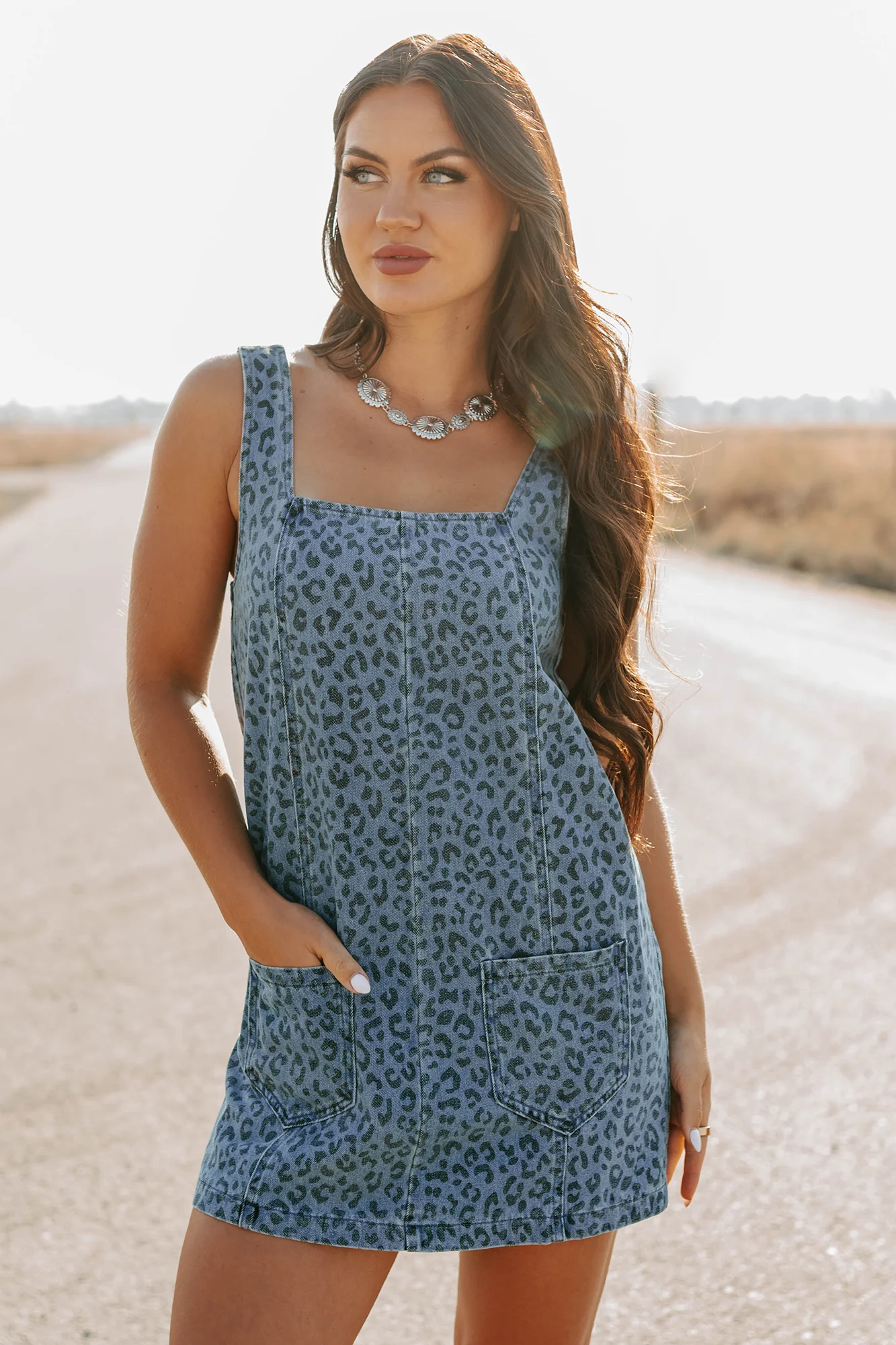 Kendrix Animal Print Denim Mini Dress (Denim Leopard) - Image 3