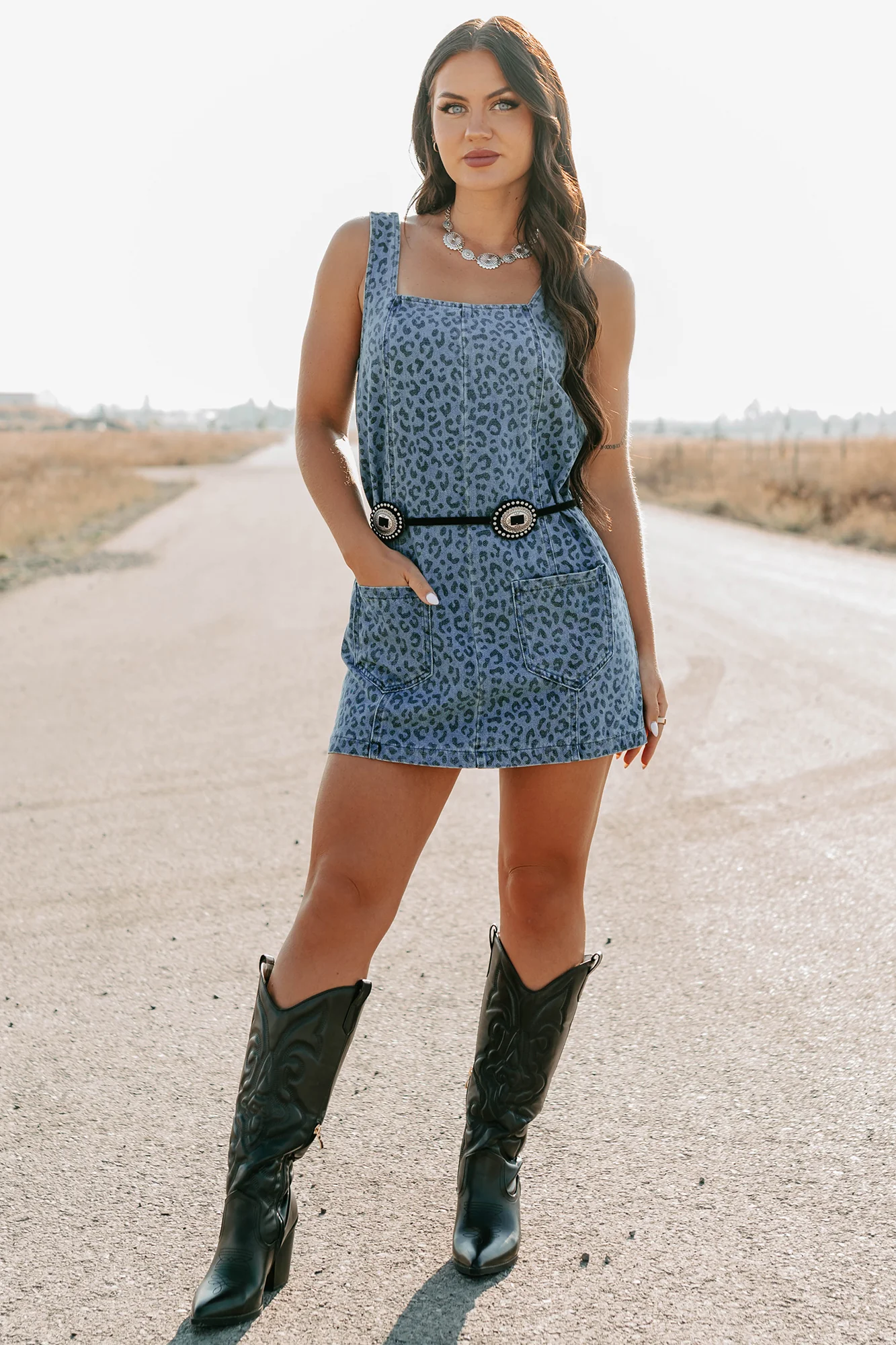 Kendrix Animal Print Denim Mini Dress (Denim Leopard) - Image 7