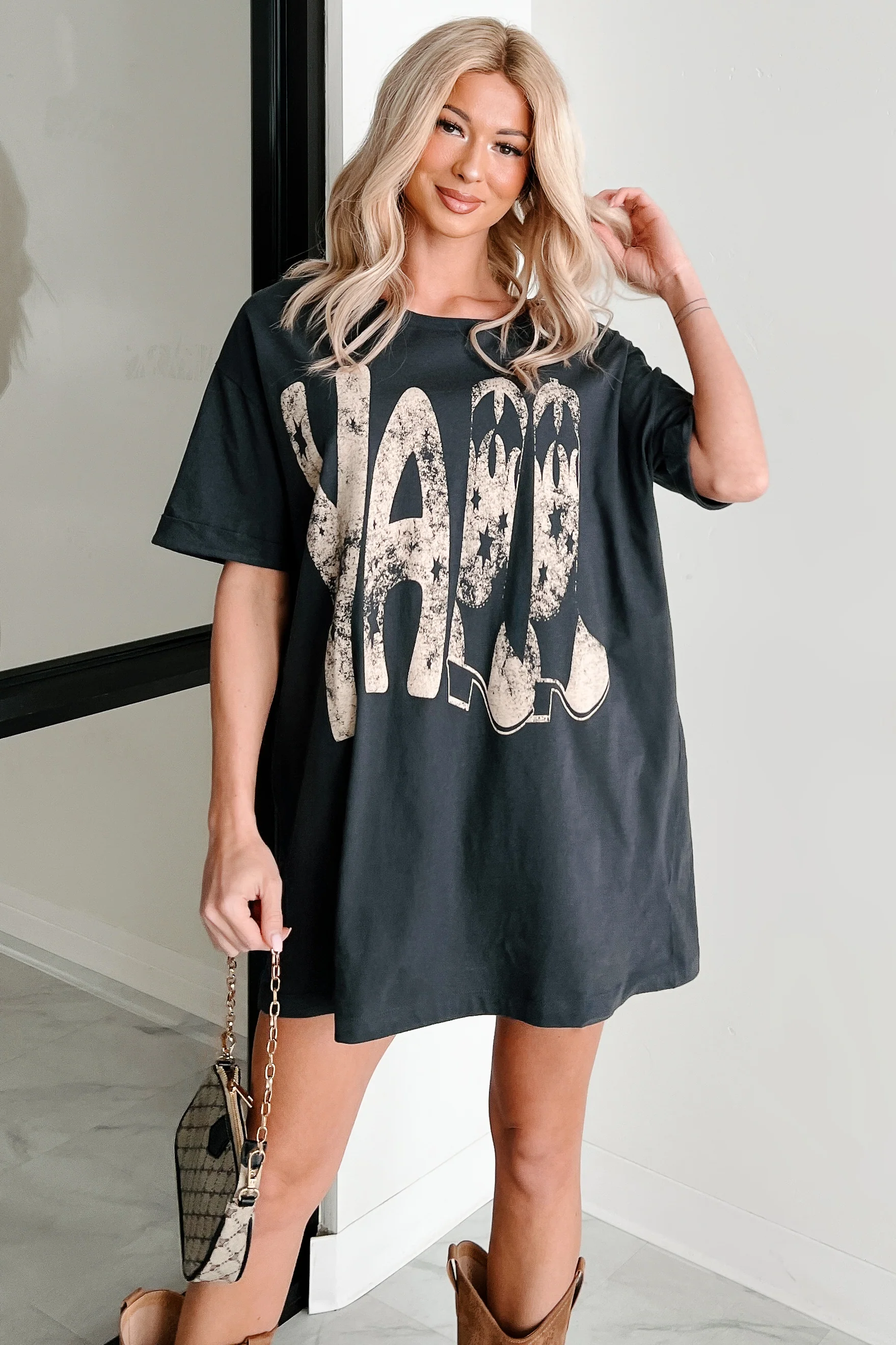 Kickin' It, Y'all Cowgirl Boot Graphic T-Shirt (Charcoal) - Image 10