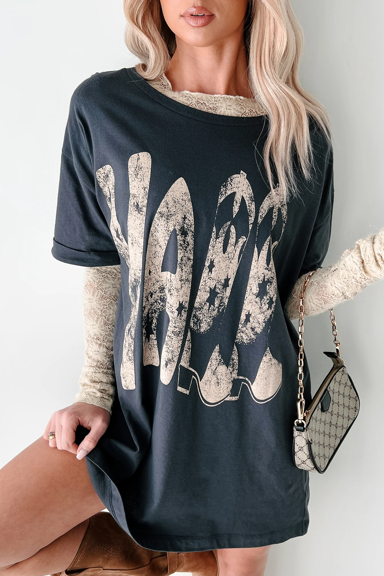 Kickin' It, Y'all Cowgirl Boot Graphic T-Shirt (Charcoal) - Image 3