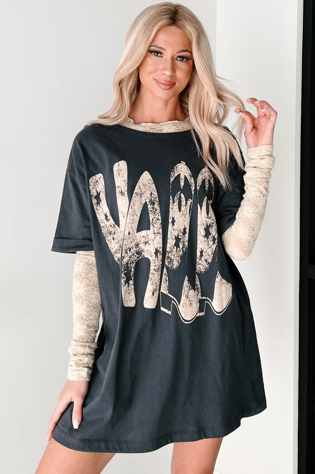 Kickin' It, Y'all Cowgirl Boot Graphic T-Shirt (Charcoal) - Image 4