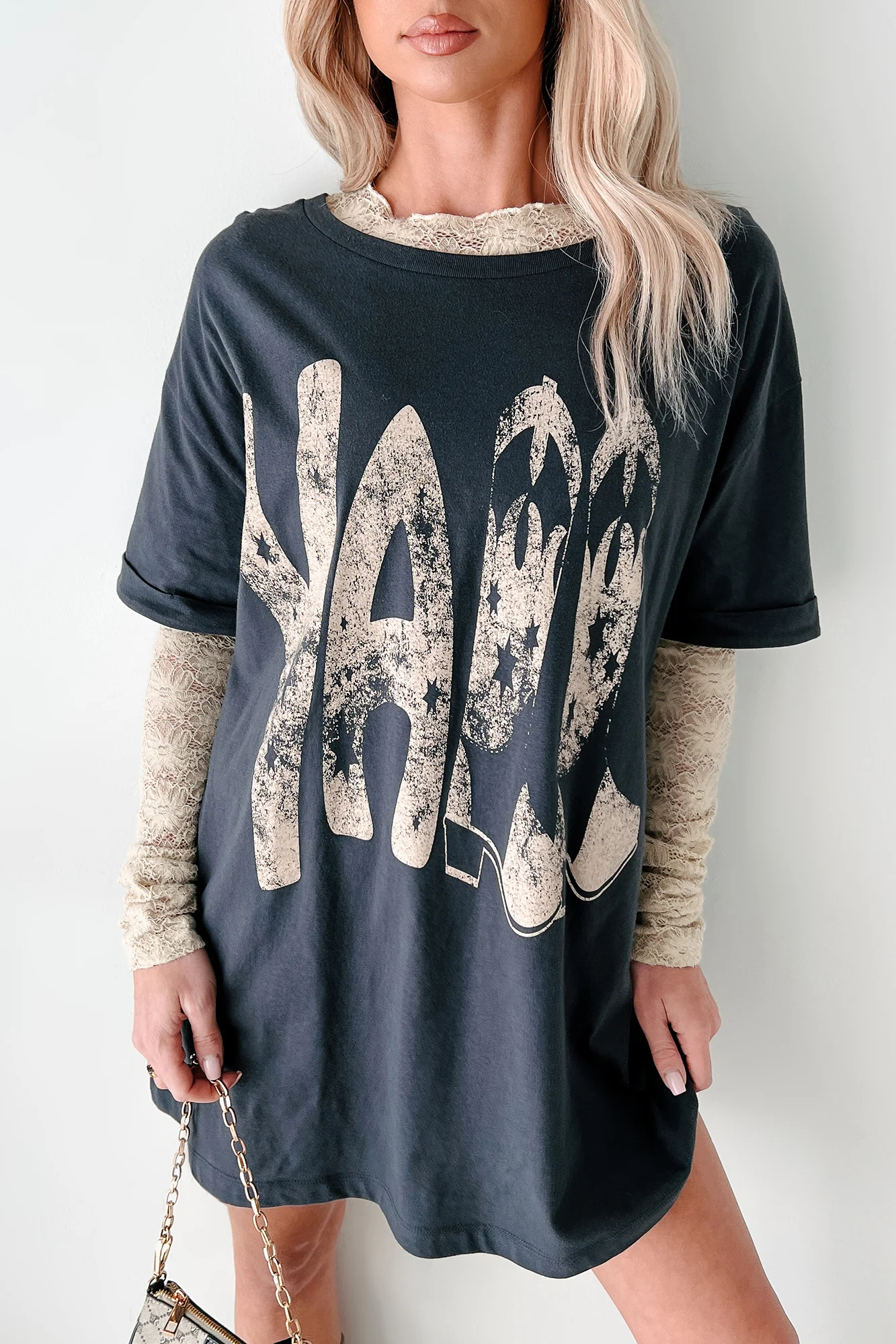 Kickin' It, Y'all Cowgirl Boot Graphic T-Shirt (Charcoal) - Image 7
