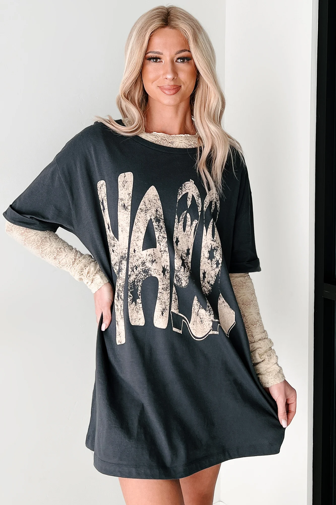 Kickin' It, Y'all Cowgirl Boot Graphic T-Shirt (Charcoal) - Image 8