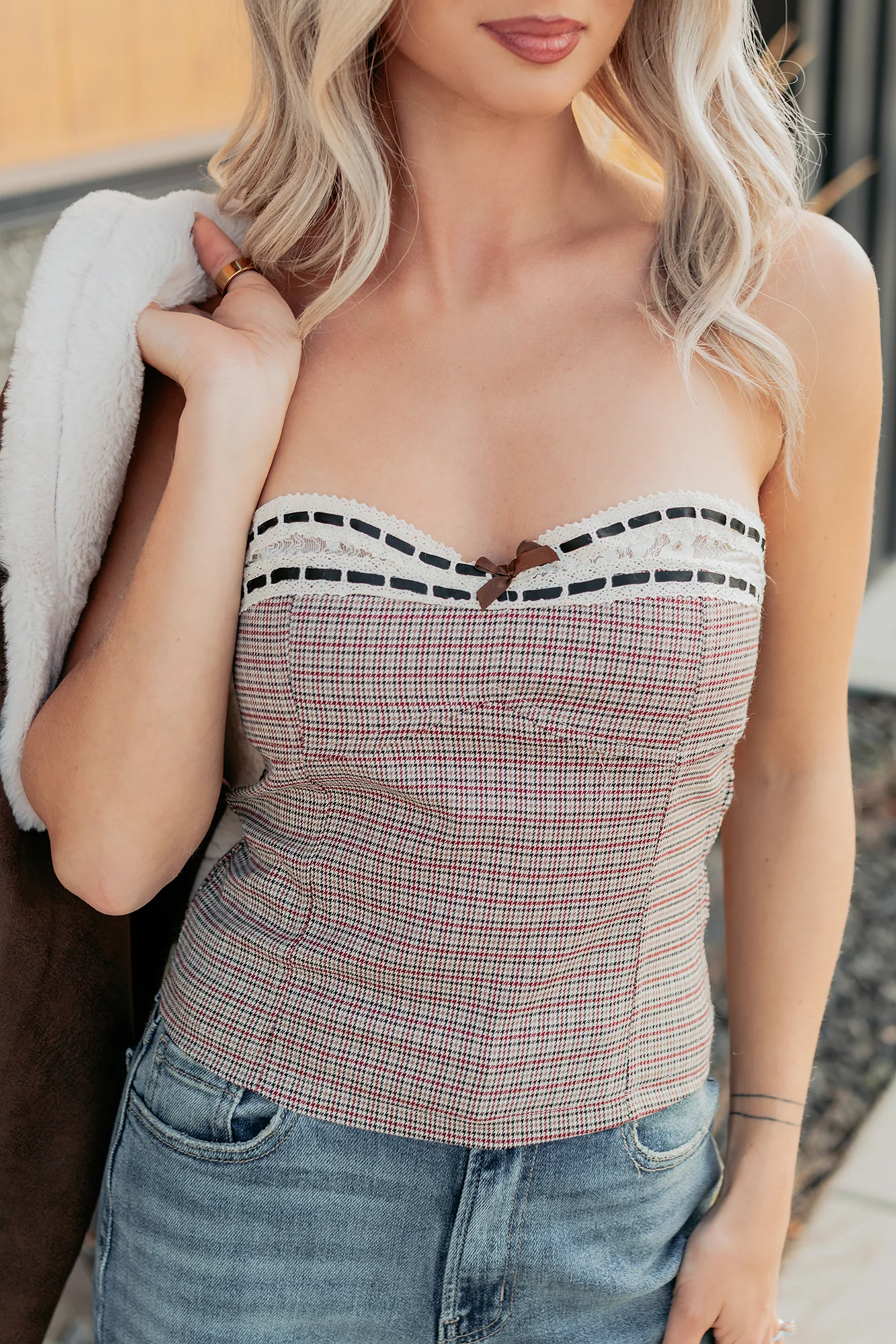 Kiss It Better Strapless Houndstooth Lace Top (Brown/Wine) - Image 2