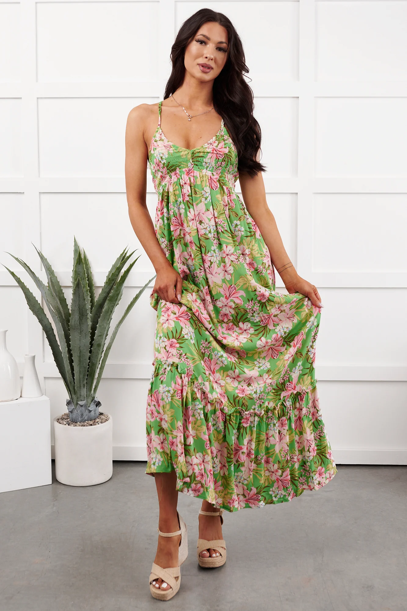 Kissed Soft Sleeveless Floral Maxi Dress (Green/Coral) - Image 2