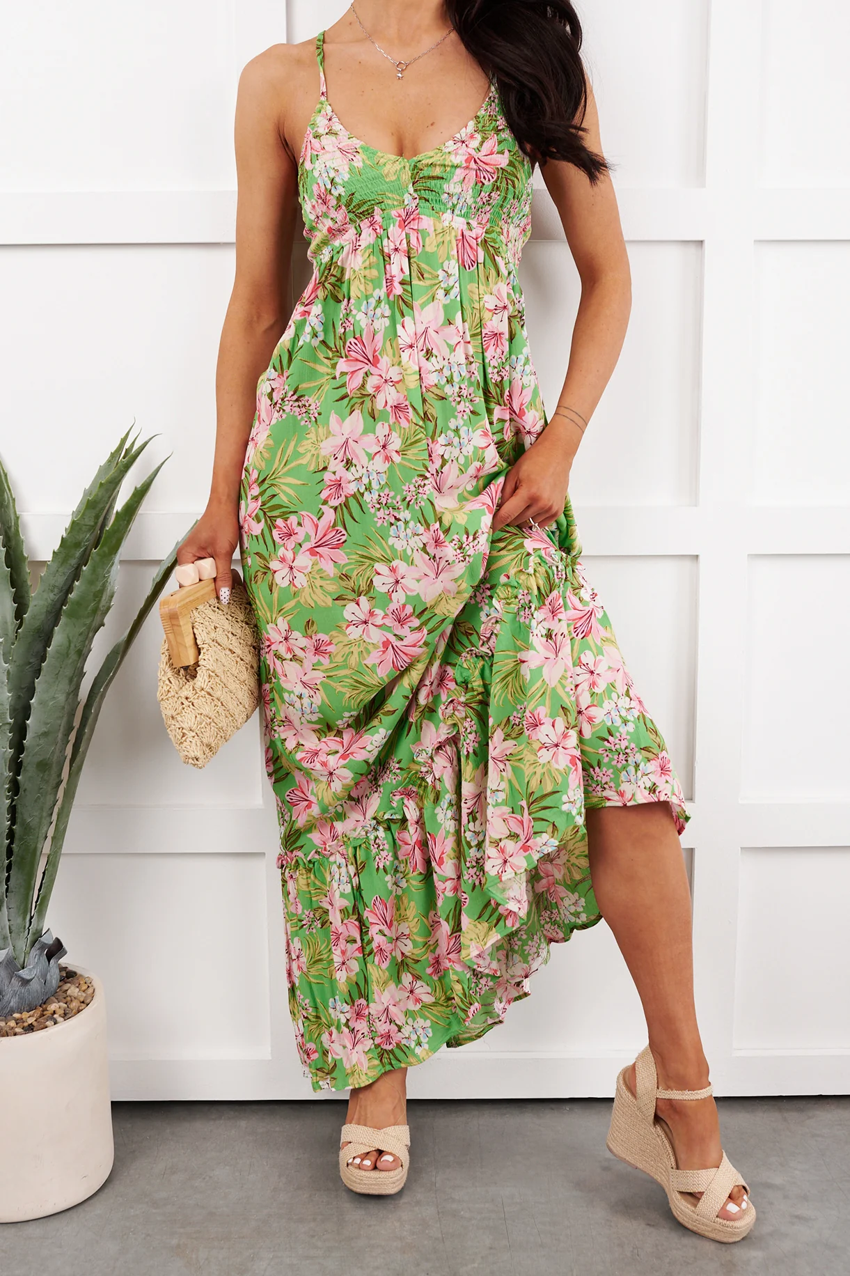 Kissed Soft Sleeveless Floral Maxi Dress (Green/Coral) - Image 3
