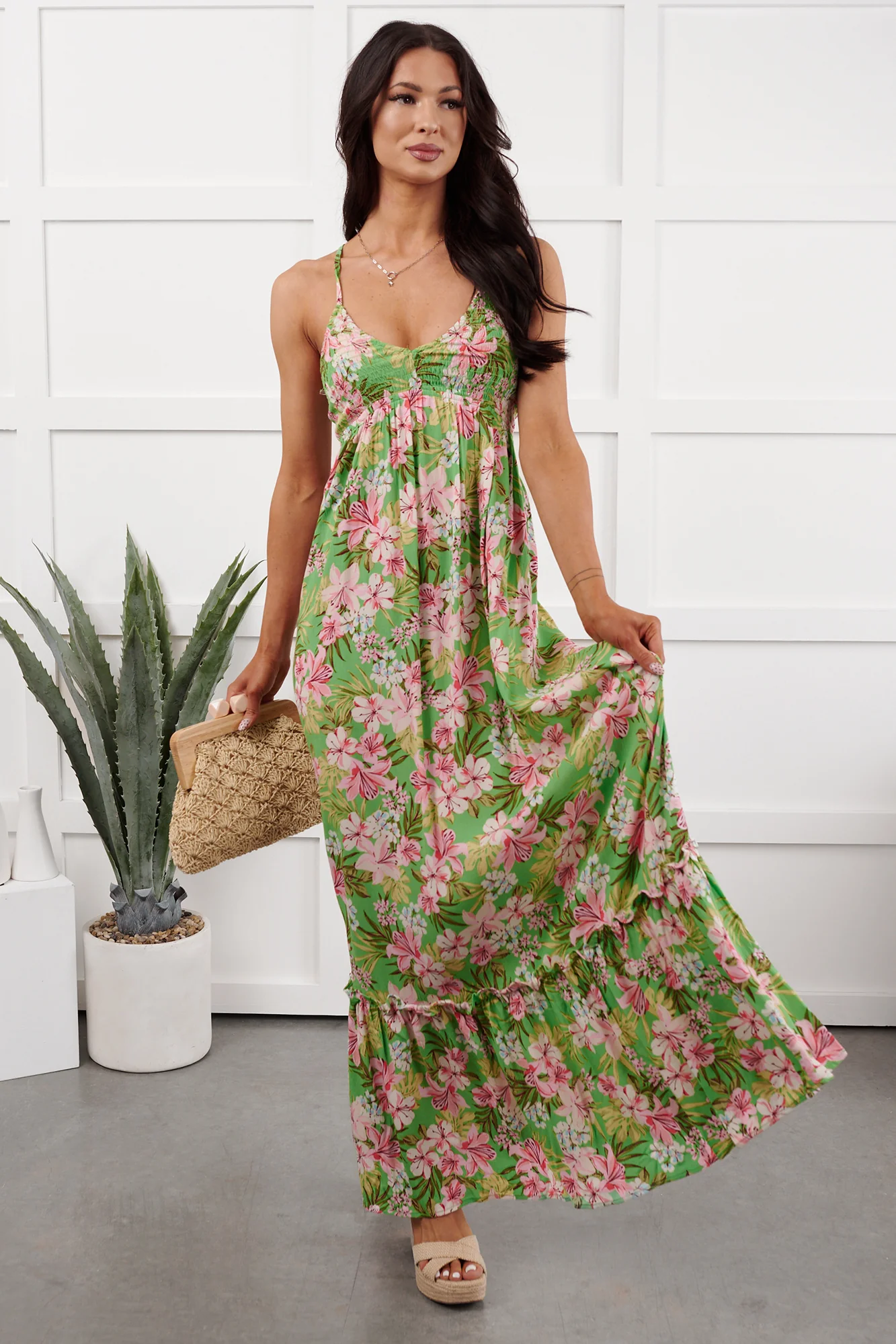 Kissed Soft Sleeveless Floral Maxi Dress (Green/Coral) - Image 4