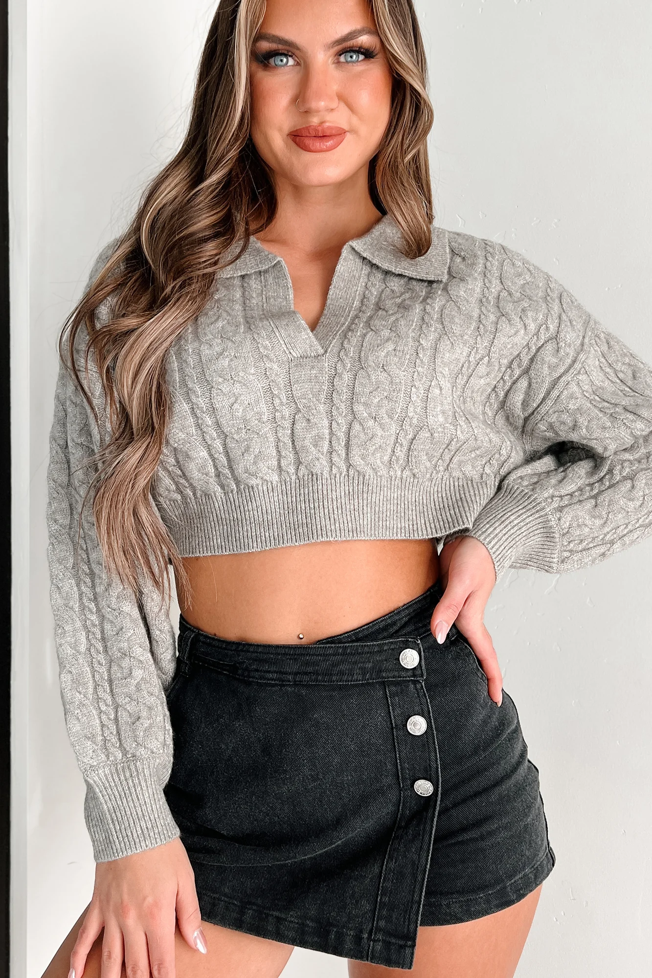 Know Me Well Cable Knit Crop Sweater (Heather Grey) - Image 11