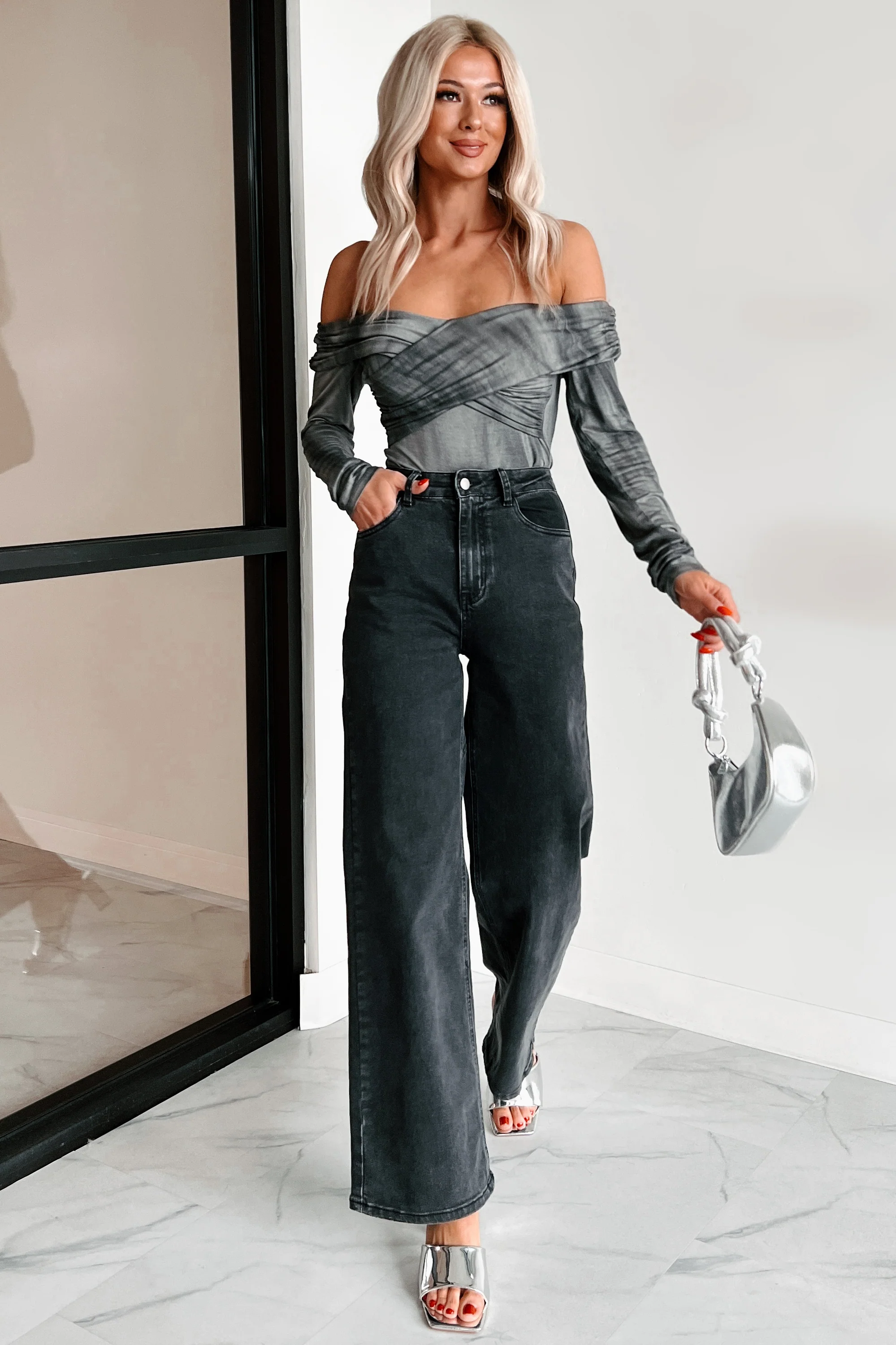 Kora Off The Shoulder Bodysuit (Black/Grey) - Image 3
