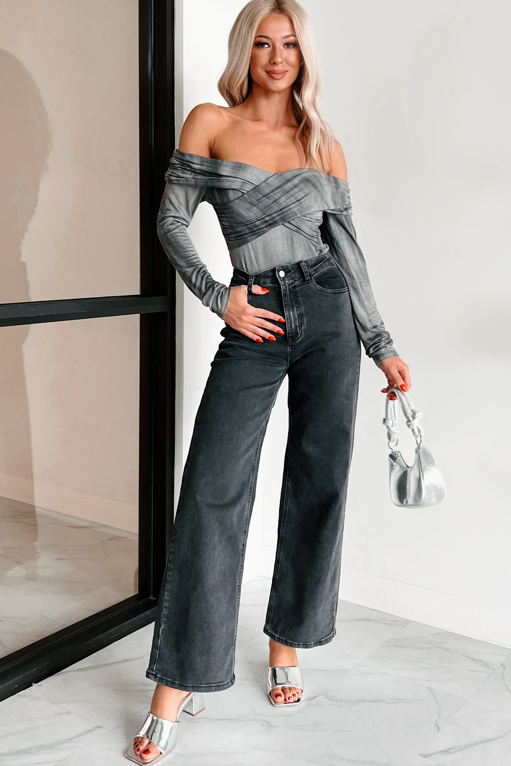 Kora Off The Shoulder Bodysuit (Black/Grey) - Image 7