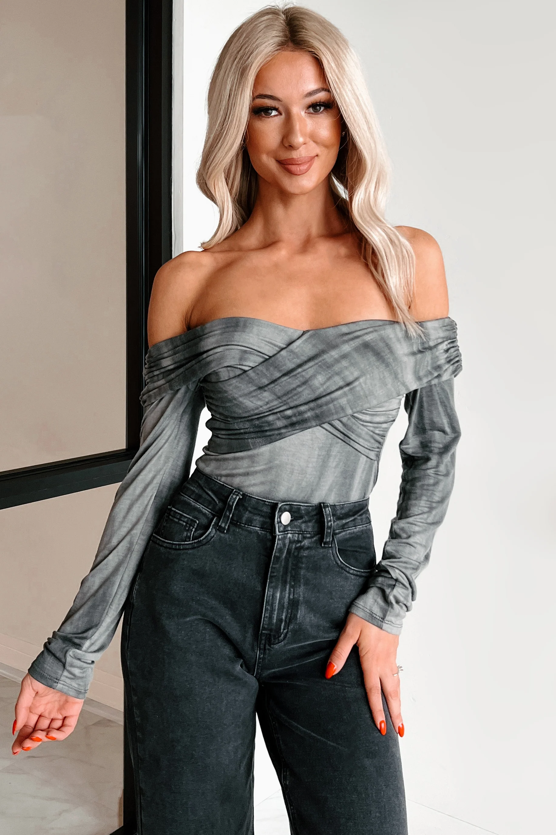 Kora Off The Shoulder Bodysuit (Black/Grey) - Image 8
