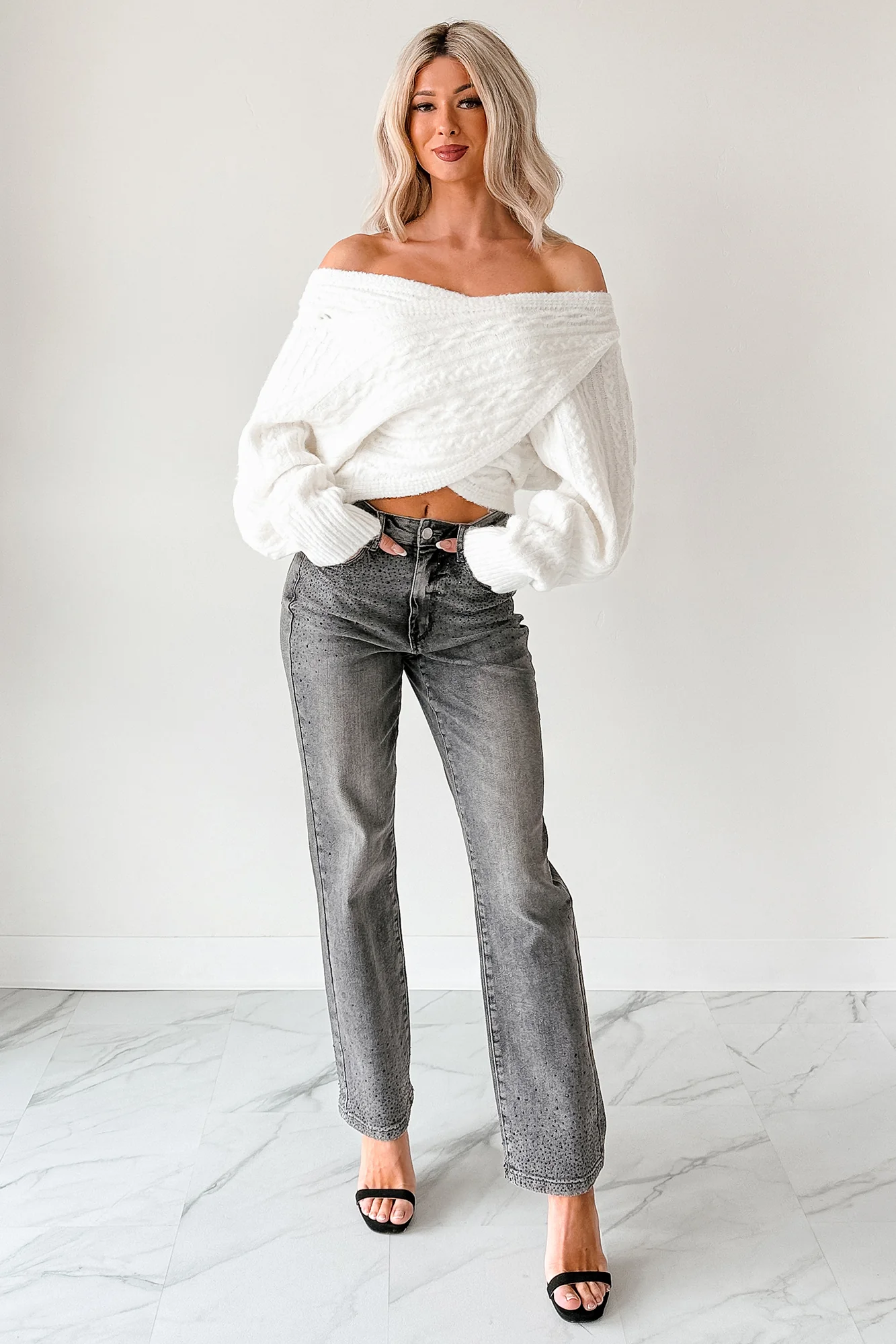 Kourtney Judy Blue Rhinestone Detail Straight Leg Jeans (Grey) - Image 2