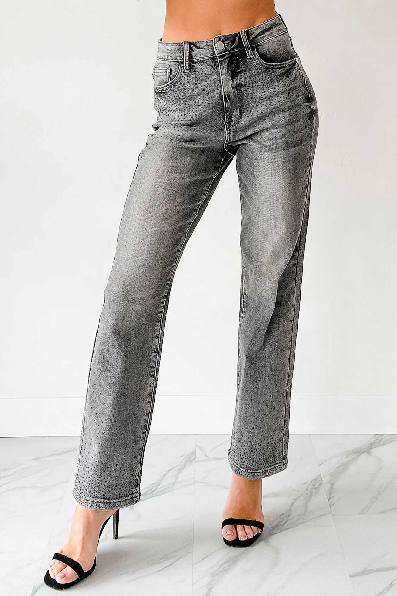 Kourtney Judy Blue Rhinestone Detail Straight Leg Jeans (Grey) - Image 3