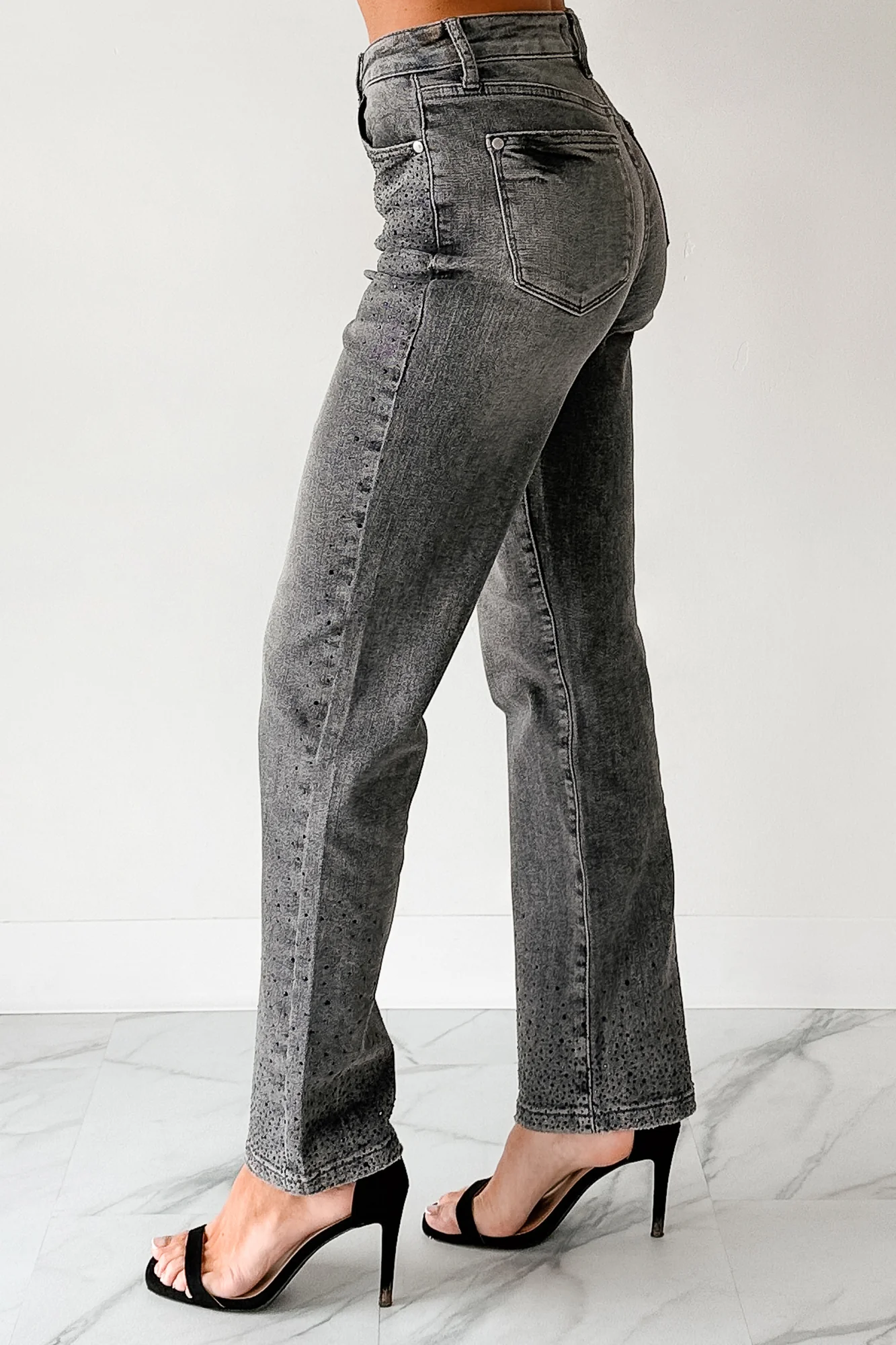 Kourtney Judy Blue Rhinestone Detail Straight Leg Jeans (Grey) - Image 4