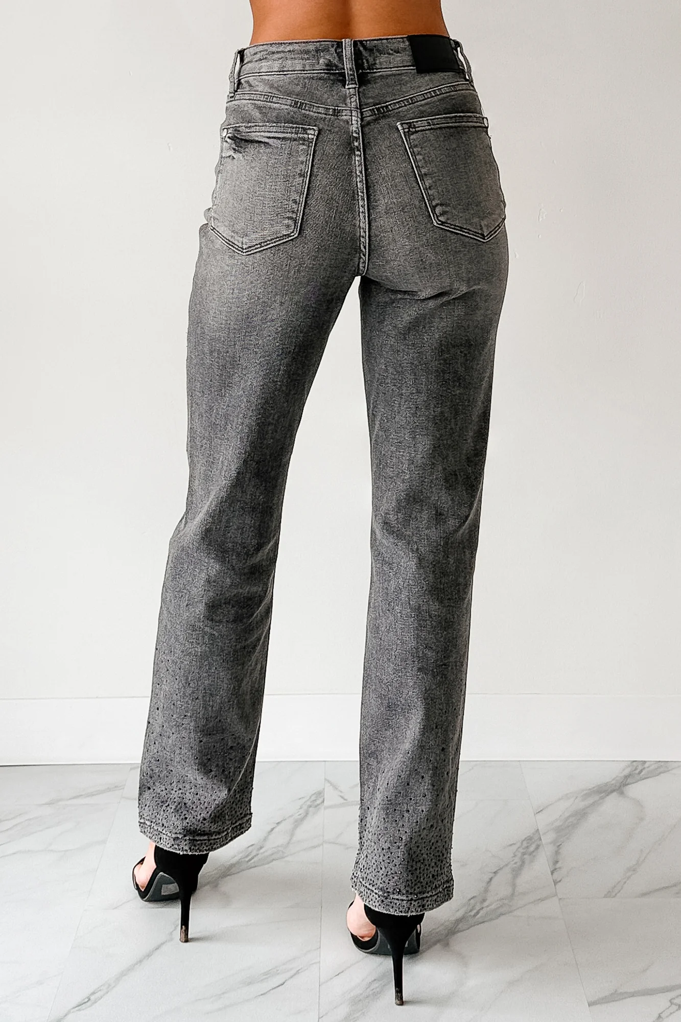 Kourtney Judy Blue Rhinestone Detail Straight Leg Jeans (Grey) - Image 5