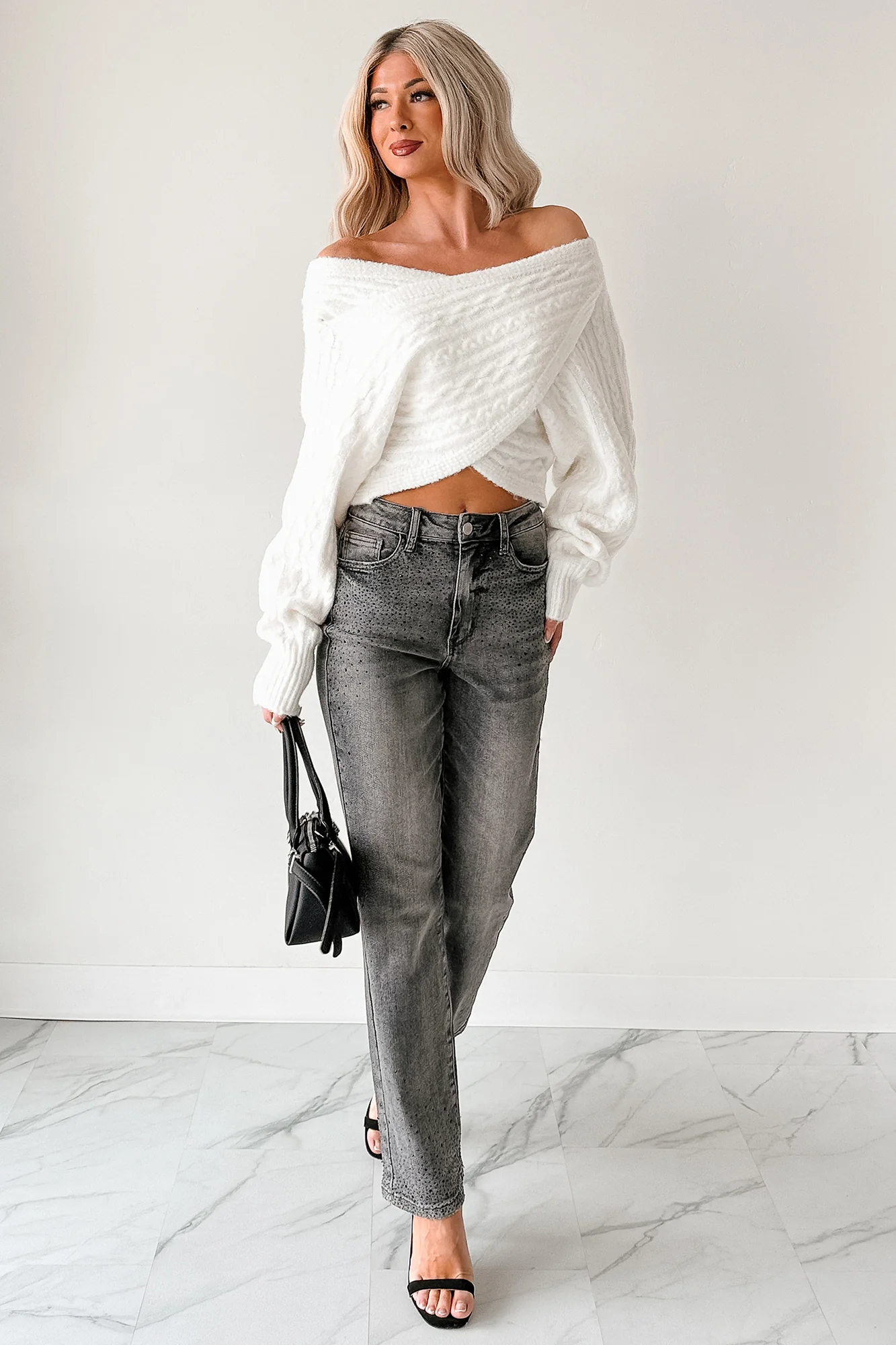 Kourtney Judy Blue Rhinestone Detail Straight Leg Jeans (Grey) - Image 6