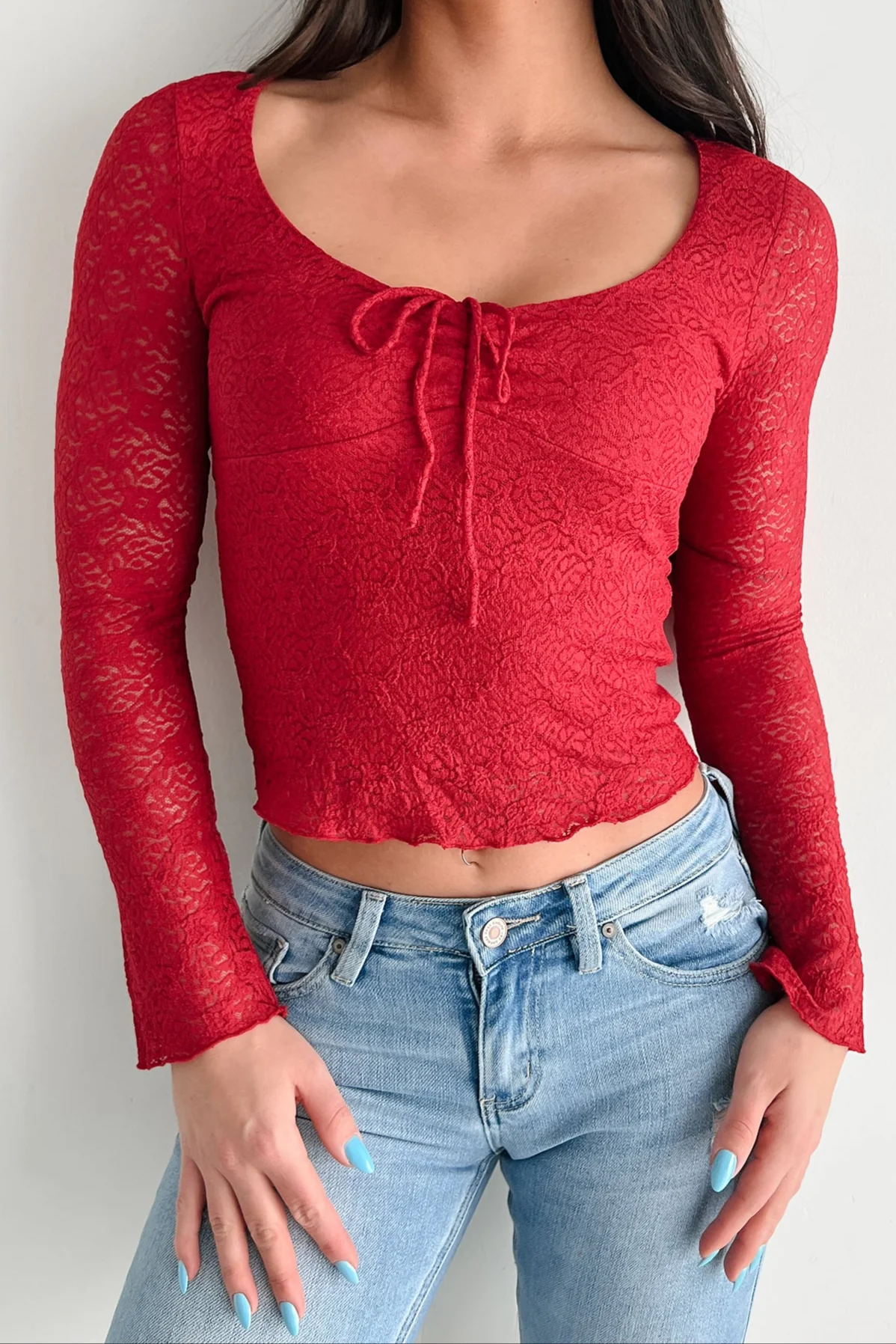 Laced In Love Cinched Lace Long Sleeve Top (Deep Red) - Image 8