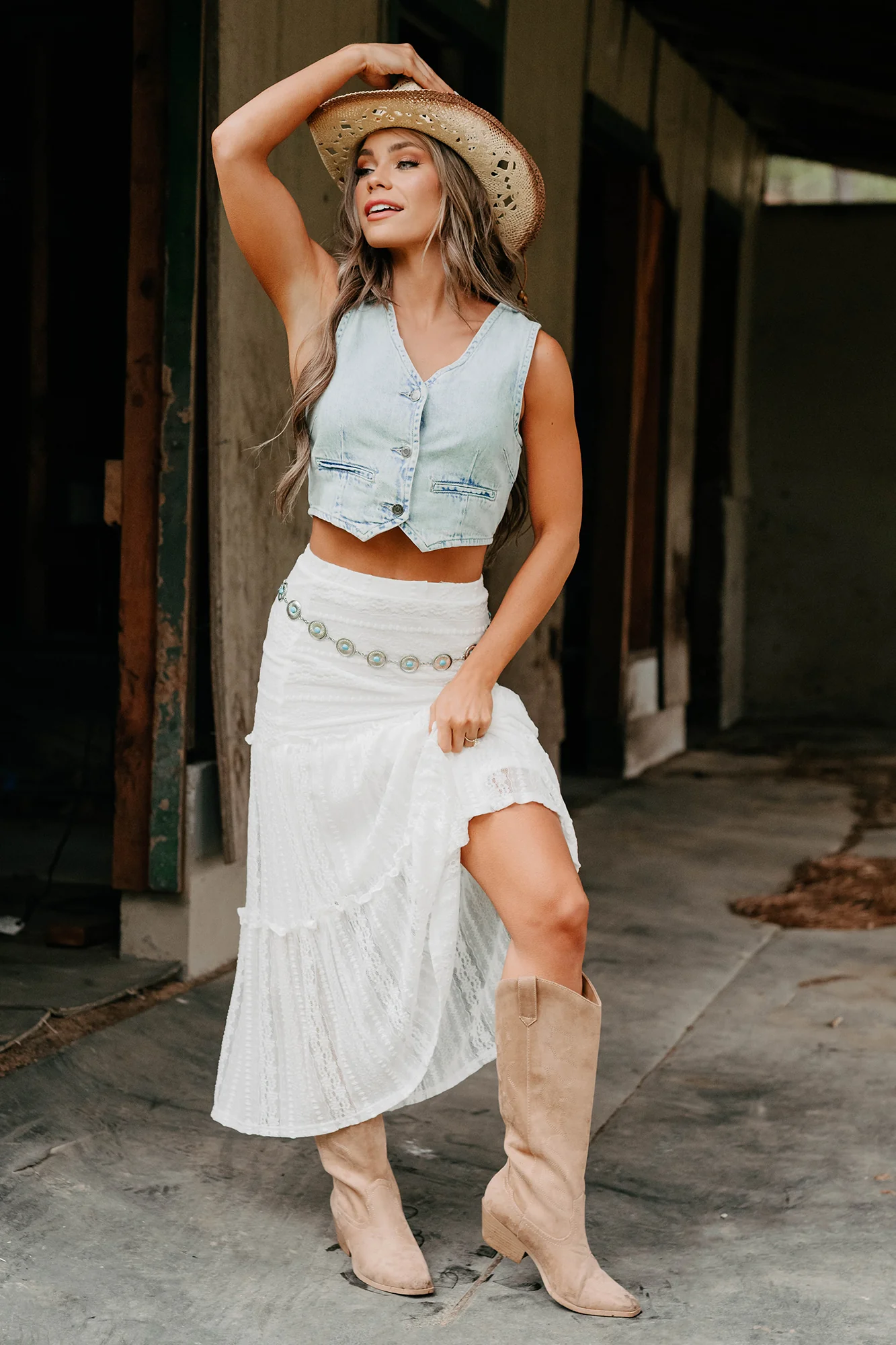 Lacy Daze Tiered Lace Midi Skirt (Off White) - Image 10