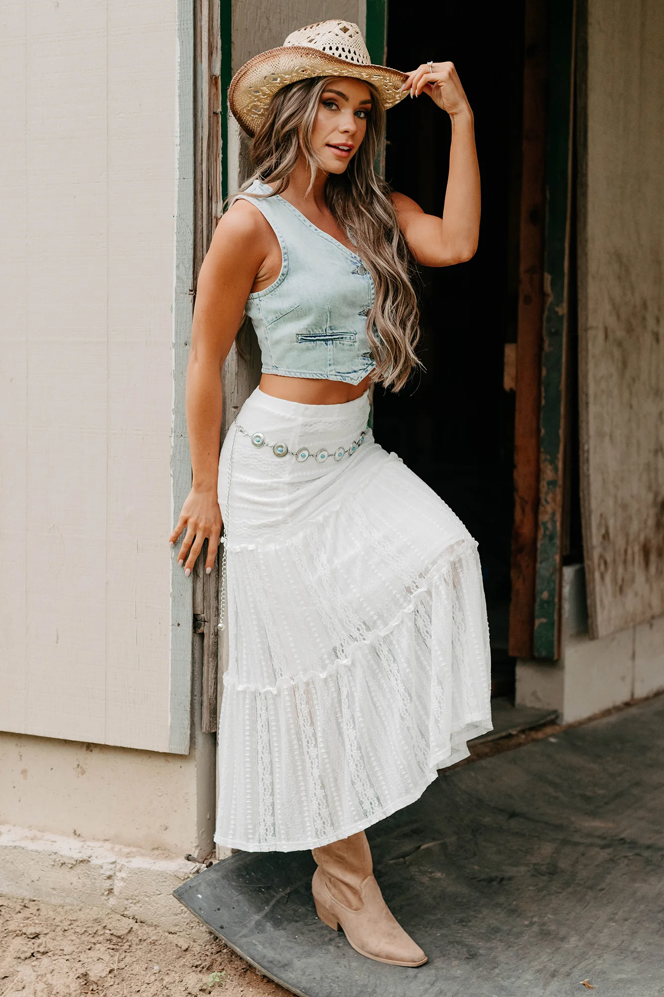 Lacy Daze Tiered Lace Midi Skirt (Off White) - Image 11