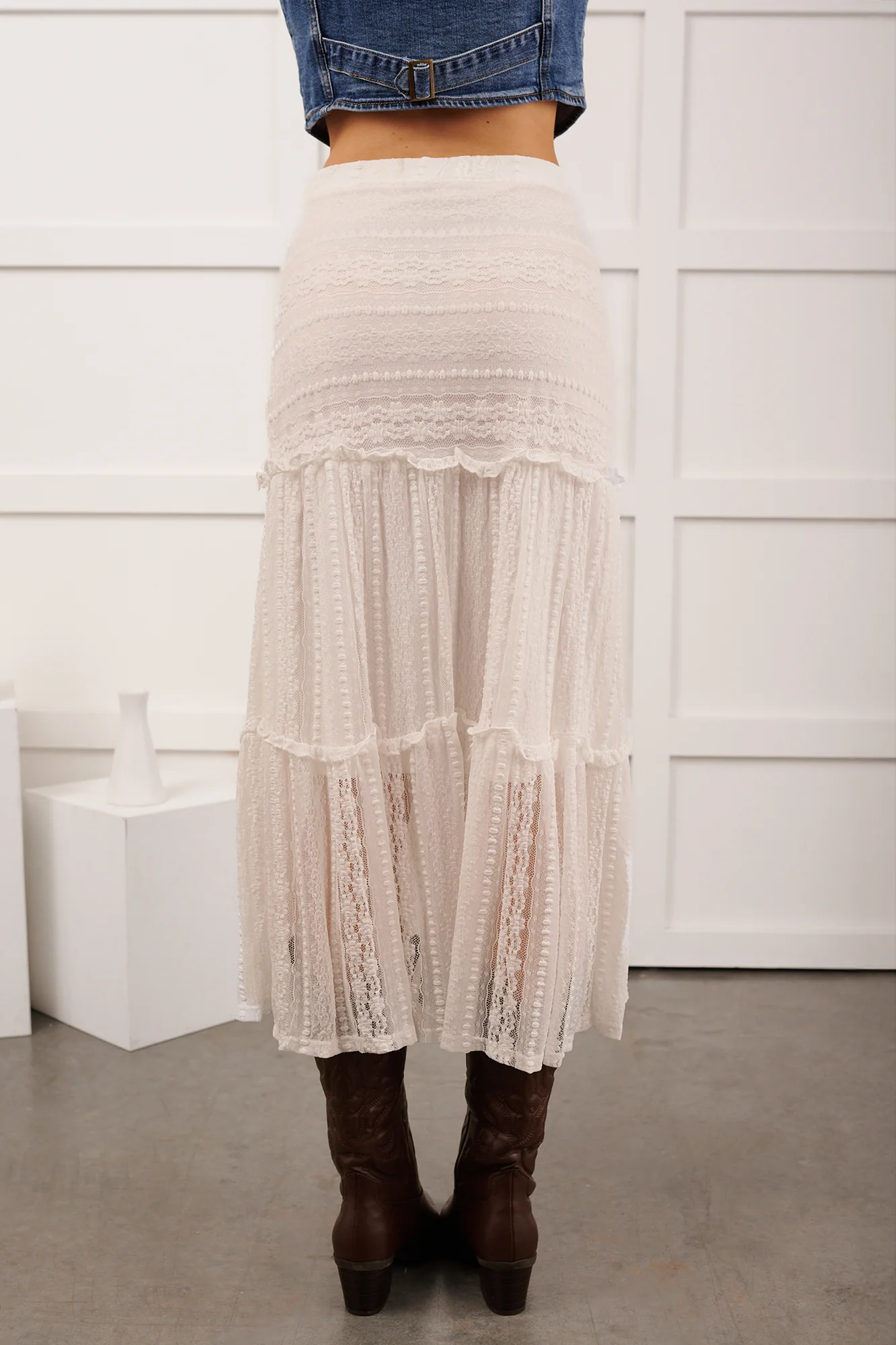 Lacy Daze Tiered Lace Midi Skirt (Off White) - Image 15