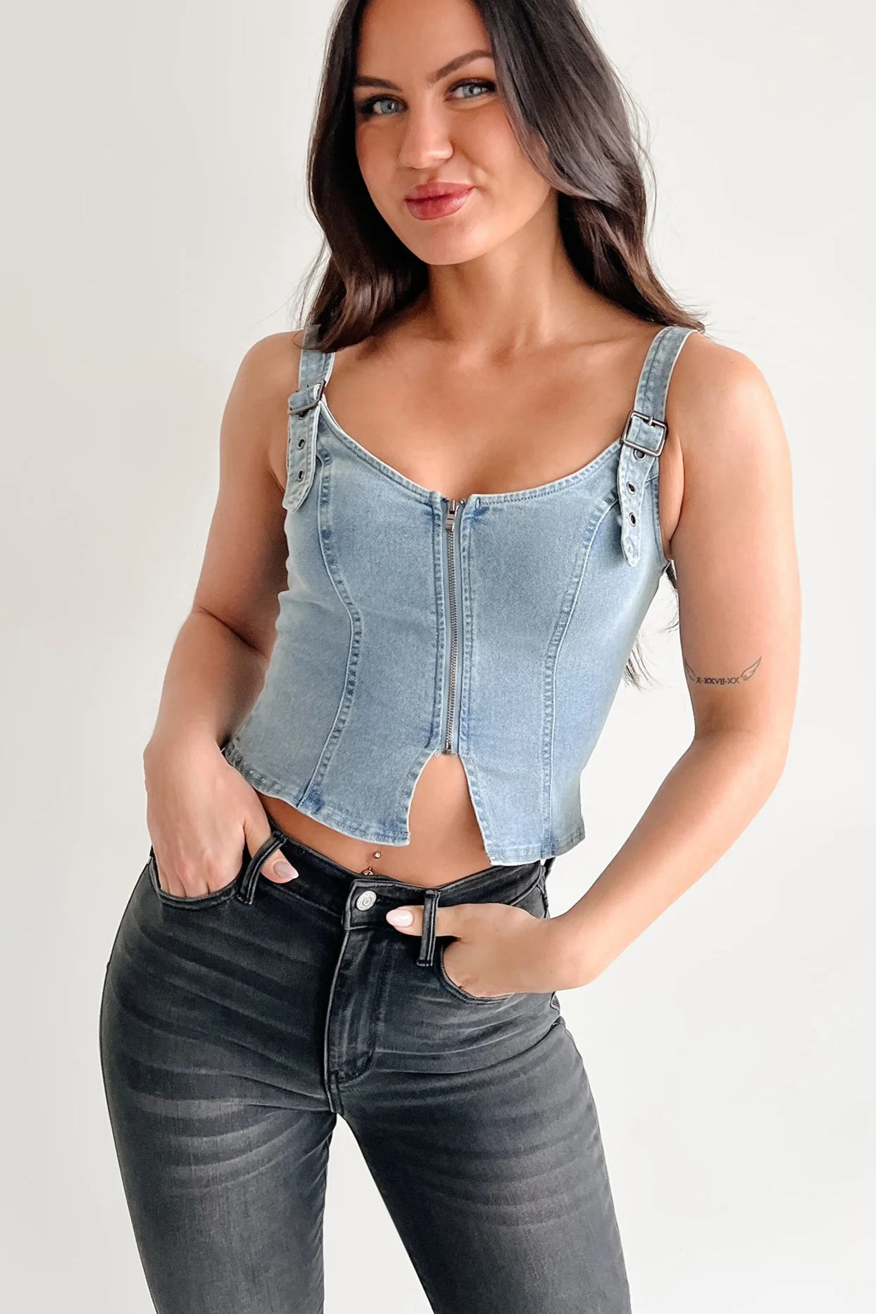 Lady's First Zip Up Denim Tank Top (Light Blue) - Image 14