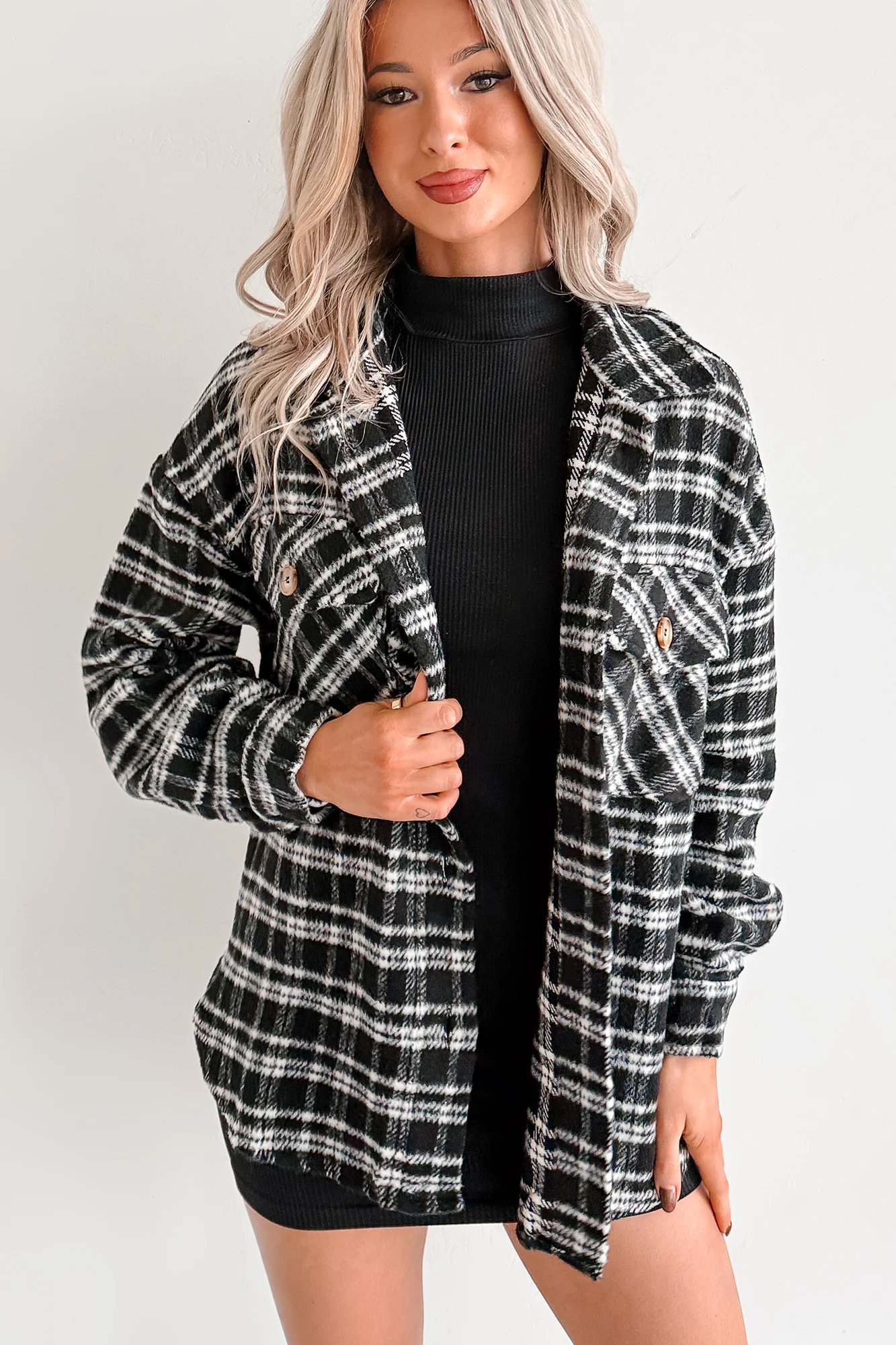 Laid Back Life Plaid Long Sleeve Shacket (Black) - Image 3