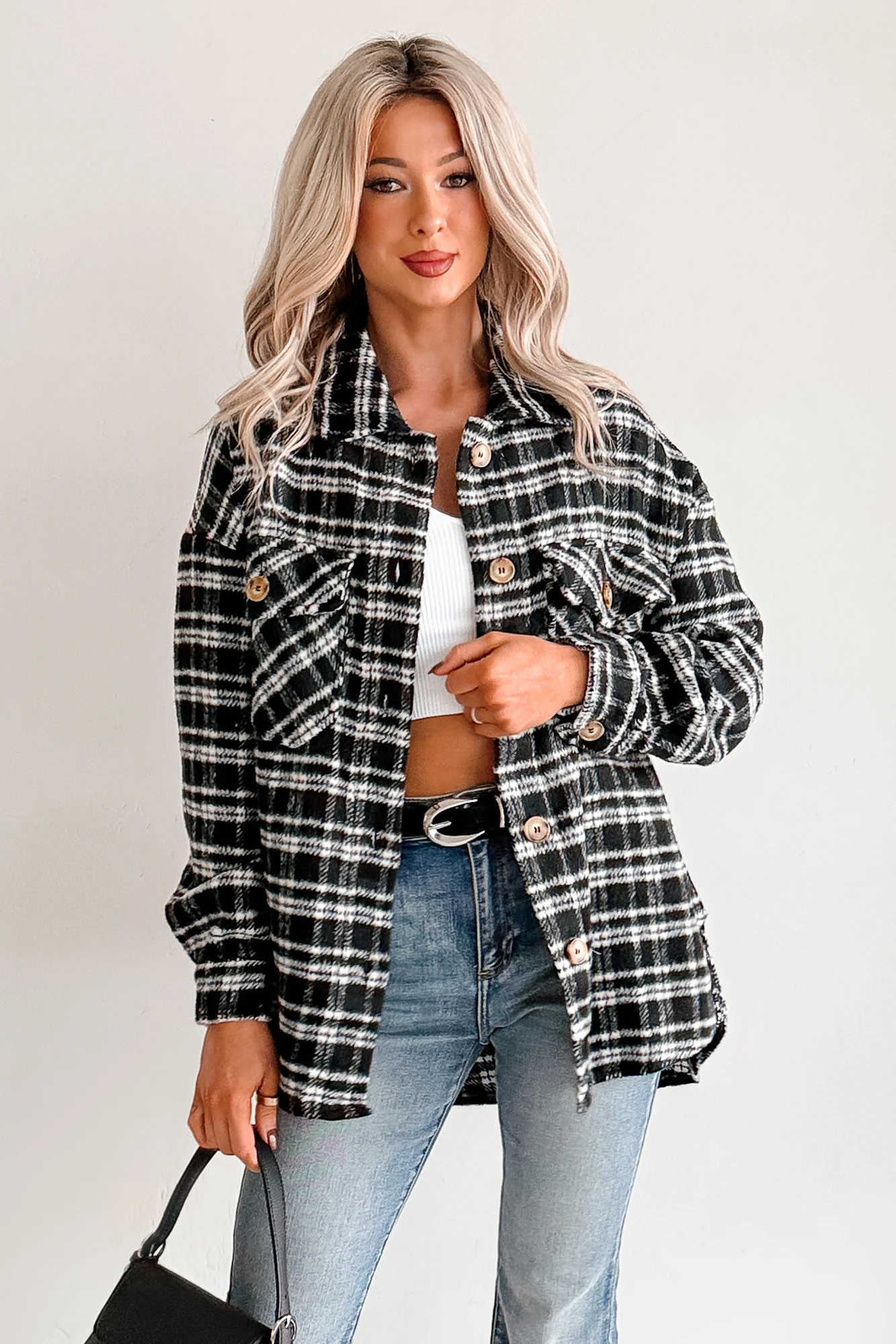 Laid Back Life Plaid Long Sleeve Shacket (Black) - Image 4