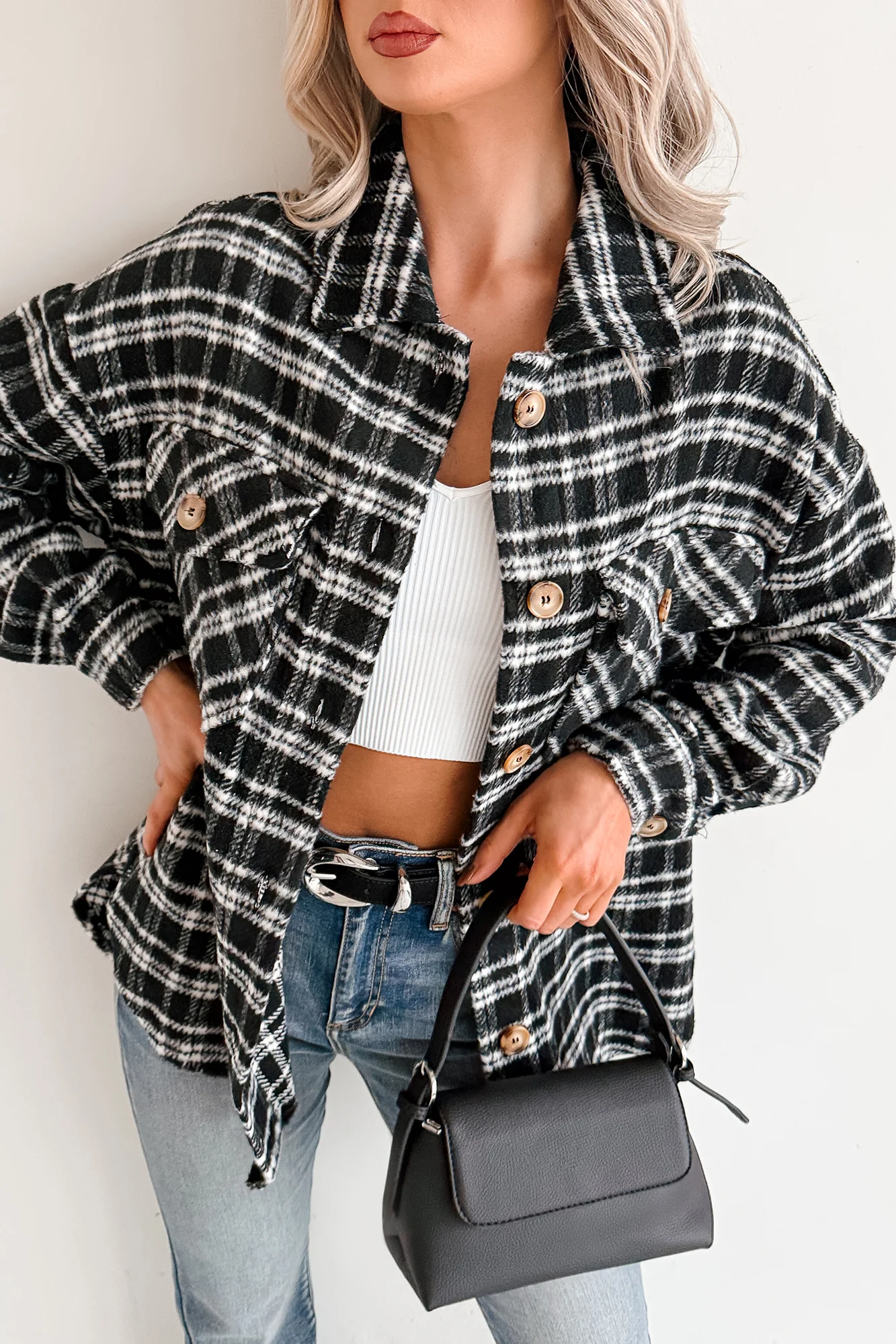 Laid Back Life Plaid Long Sleeve Shacket (Black) - Image 5
