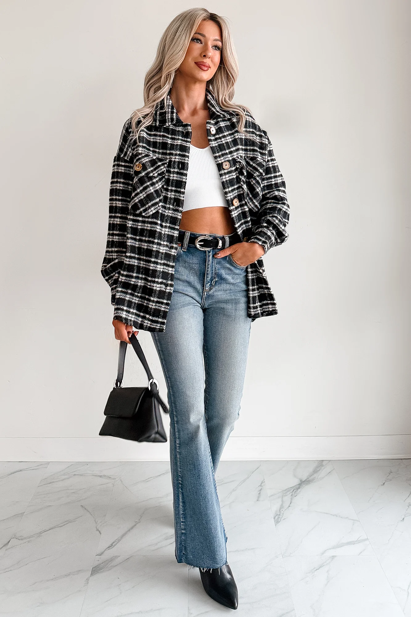 Laid Back Life Plaid Long Sleeve Shacket (Black) - Image 9
