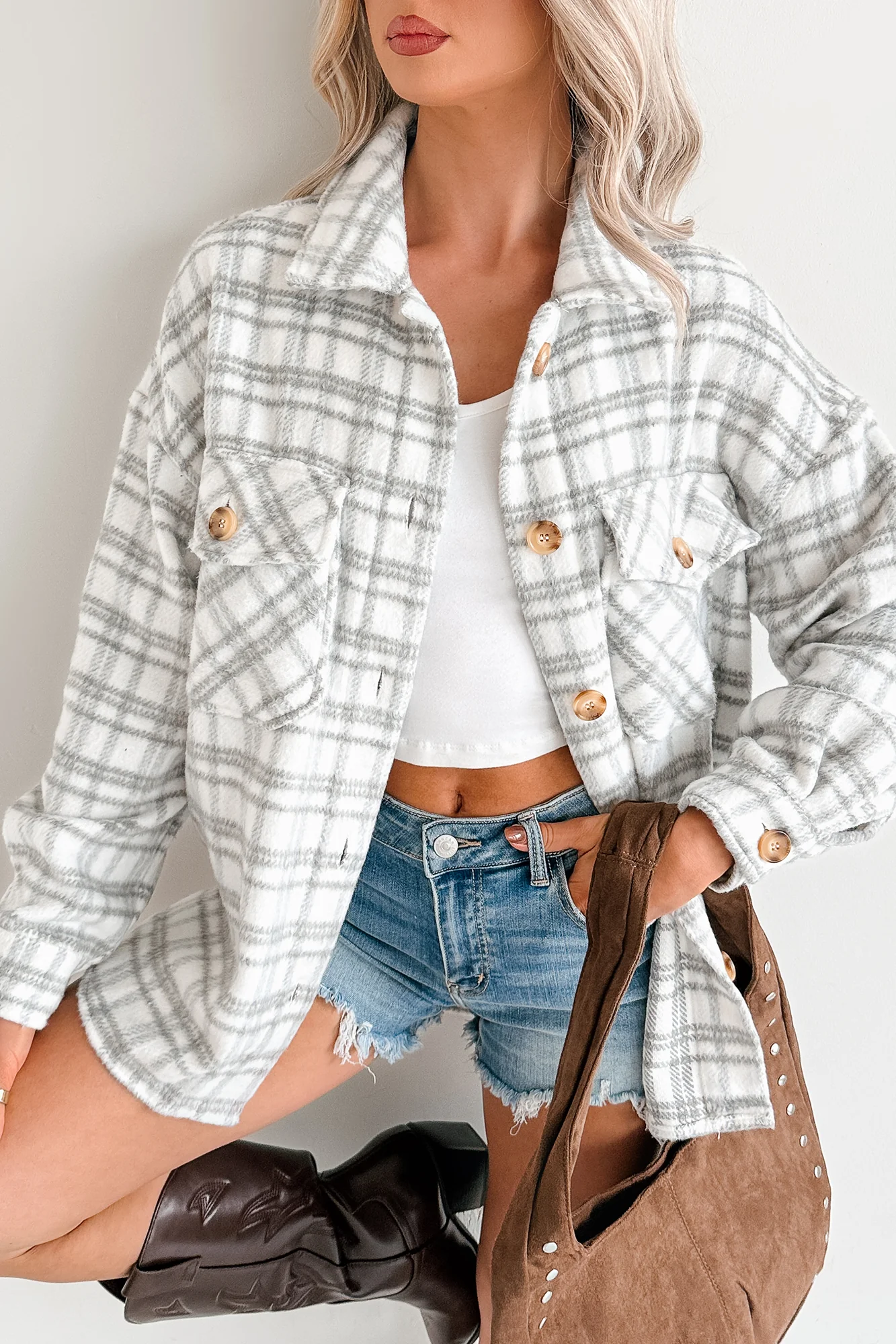 Laid Back Life Plaid Long Sleeve Shacket (Heather Grey) - Image 3