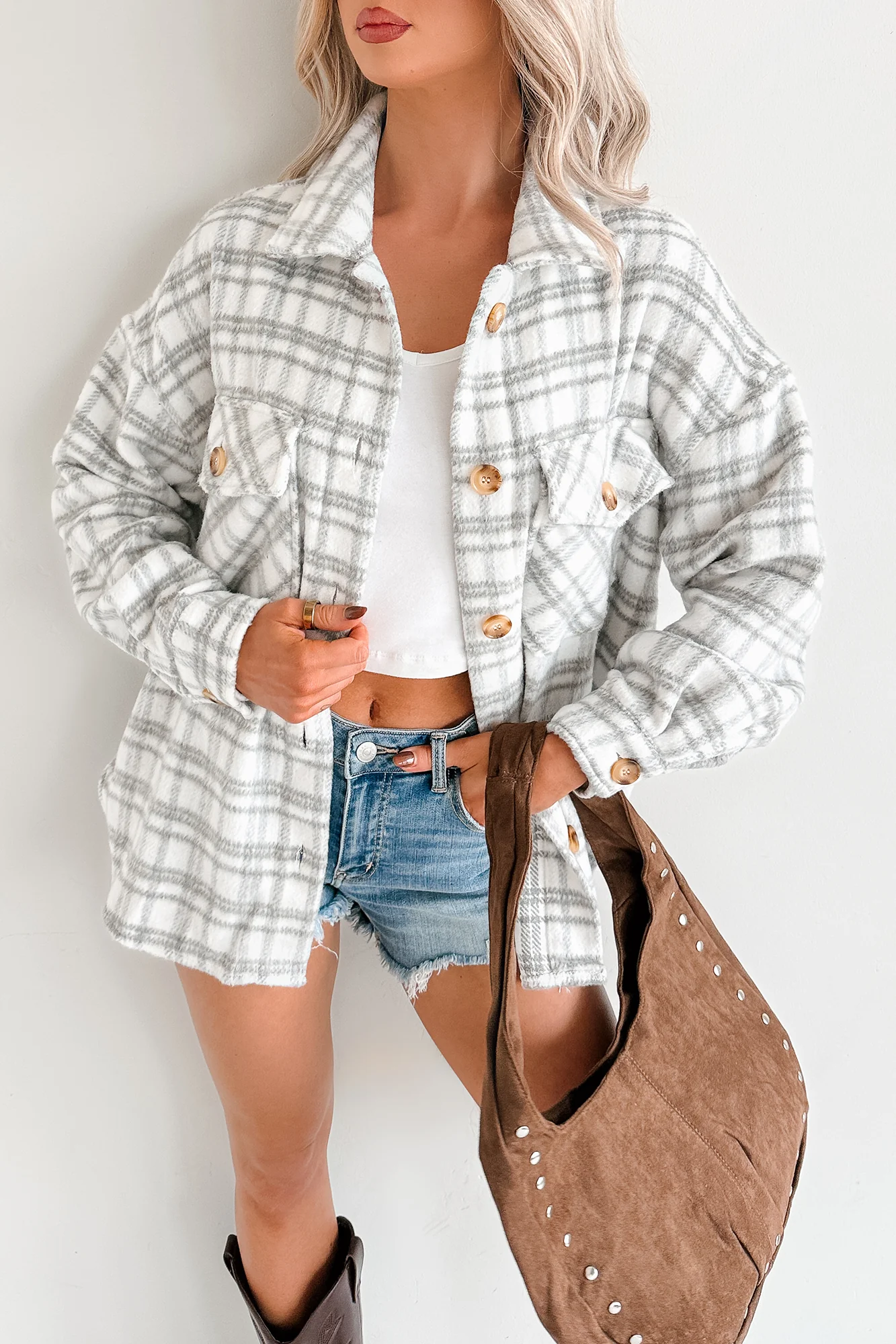 Laid Back Life Plaid Long Sleeve Shacket (Heather Grey) - Image 6