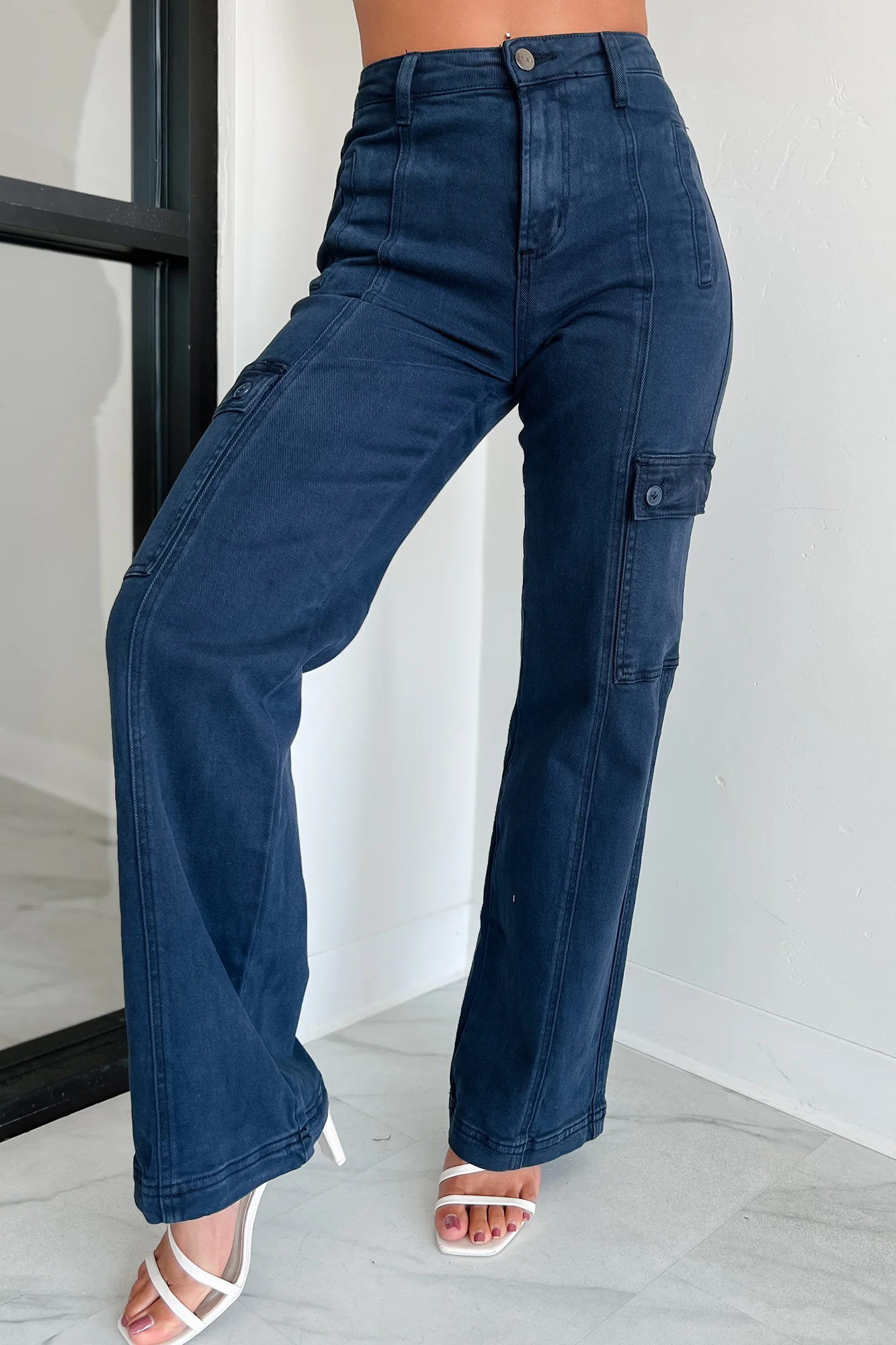 Laith High Rise Wide Leg Risen Cargo Jeans (Blueberry) - Image 3