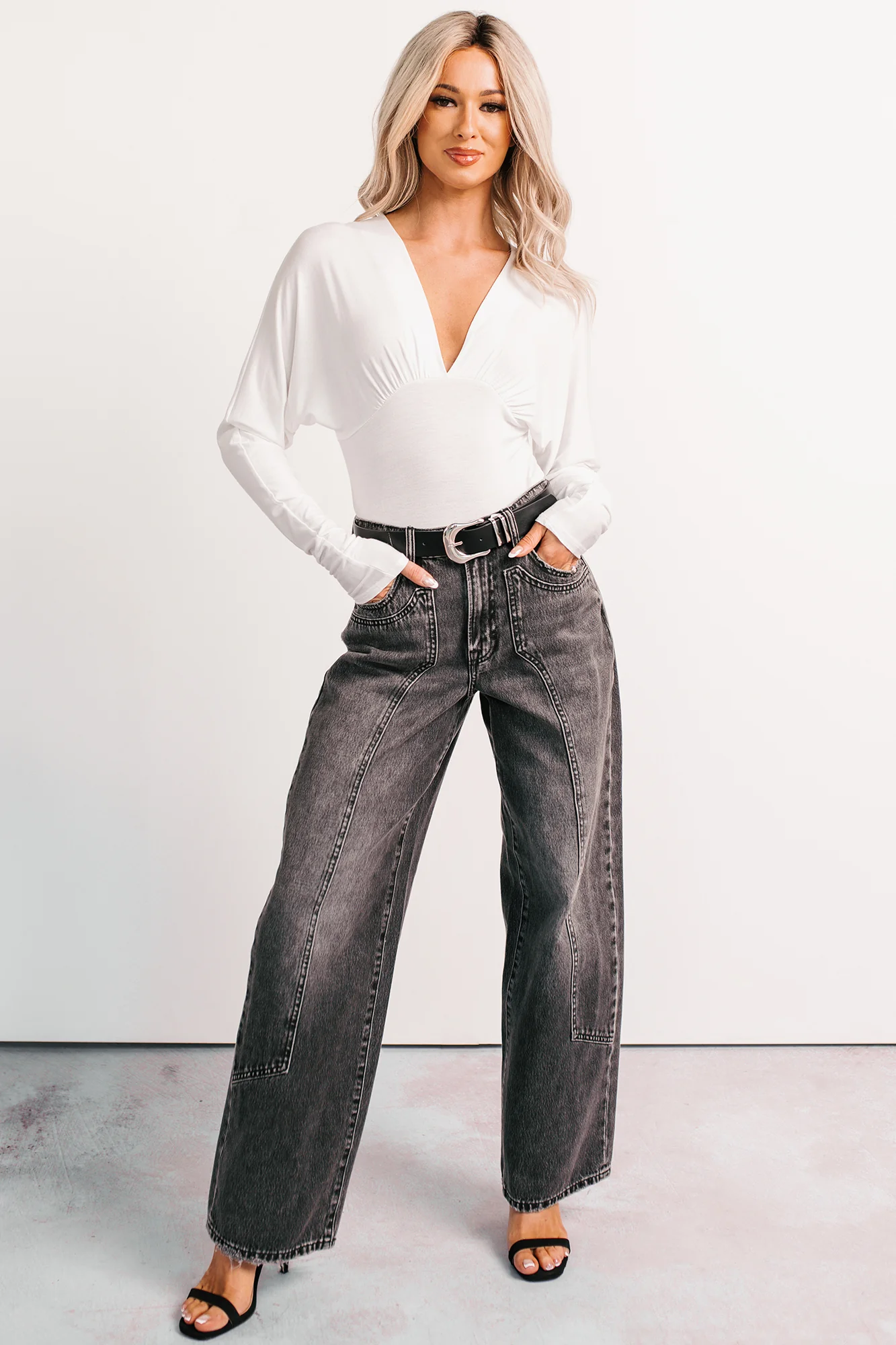 Last Looks Plunging V Neck Long Sleeve Bodysuit (Ivory) - Image 5